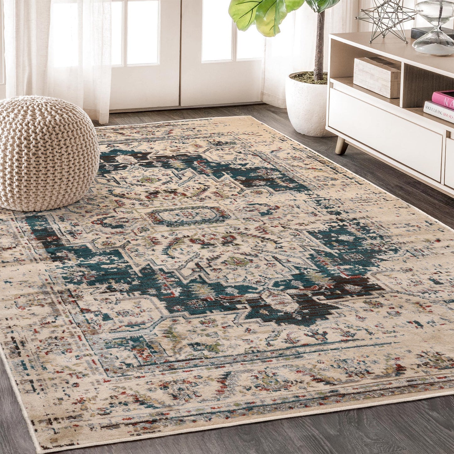 Superior Marquis Modern Farmhouse Medallion Indoor Area Rug or Runner Rug - Teal