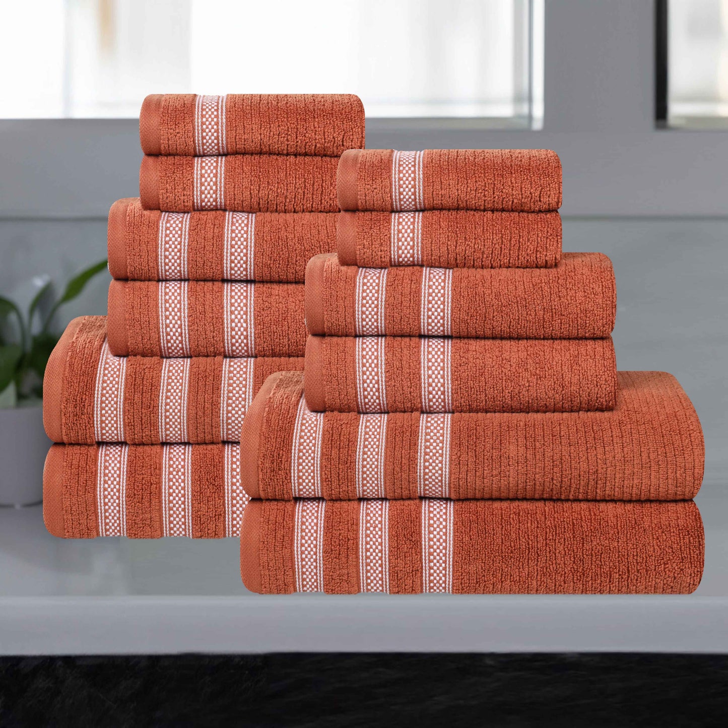Brea Zero Twist Cotton Ribbed Geometric Border 12 Piece Towel Set