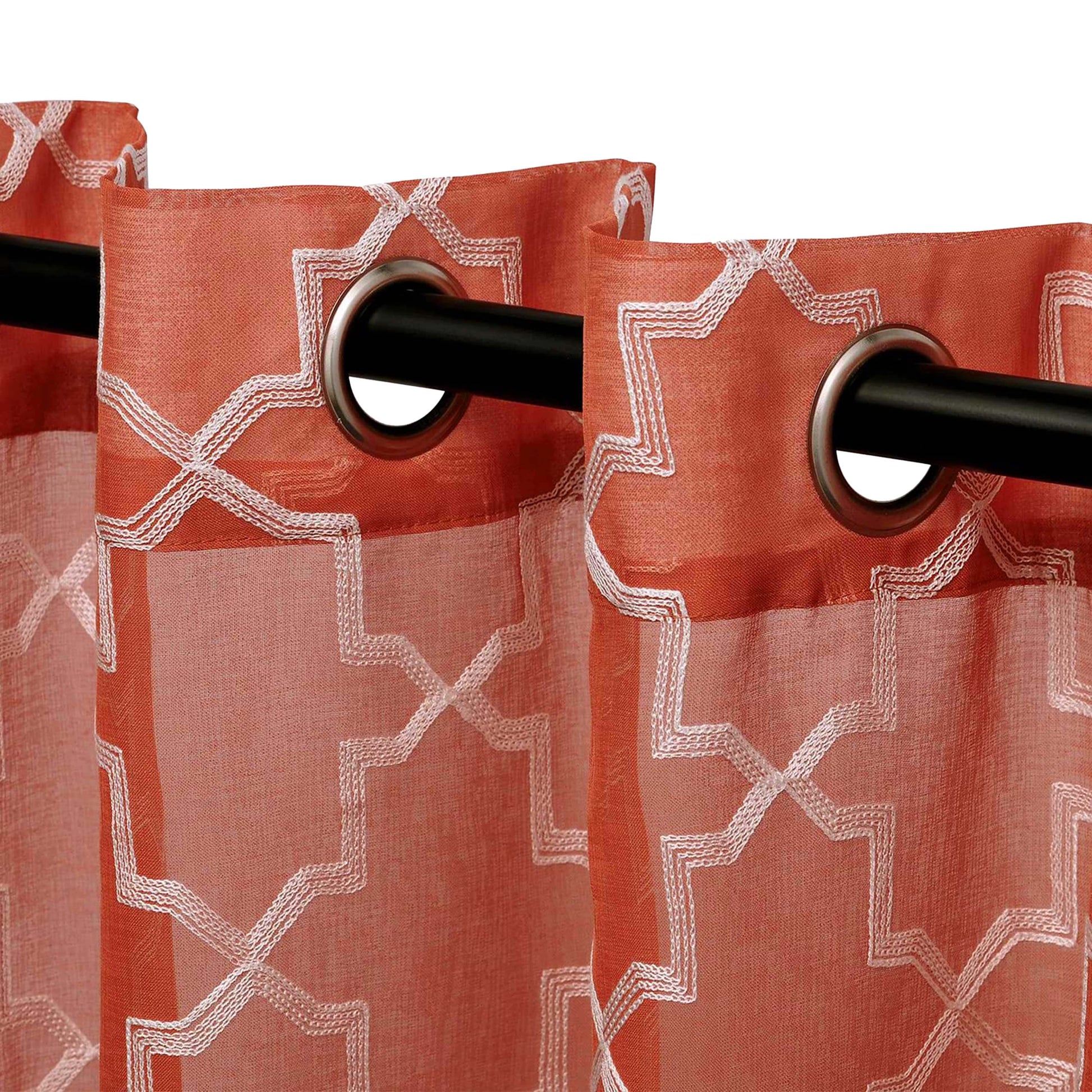 Embroidered Quatrefoil Semi Sheer 2 Piece Curtain Panel Set - Rust