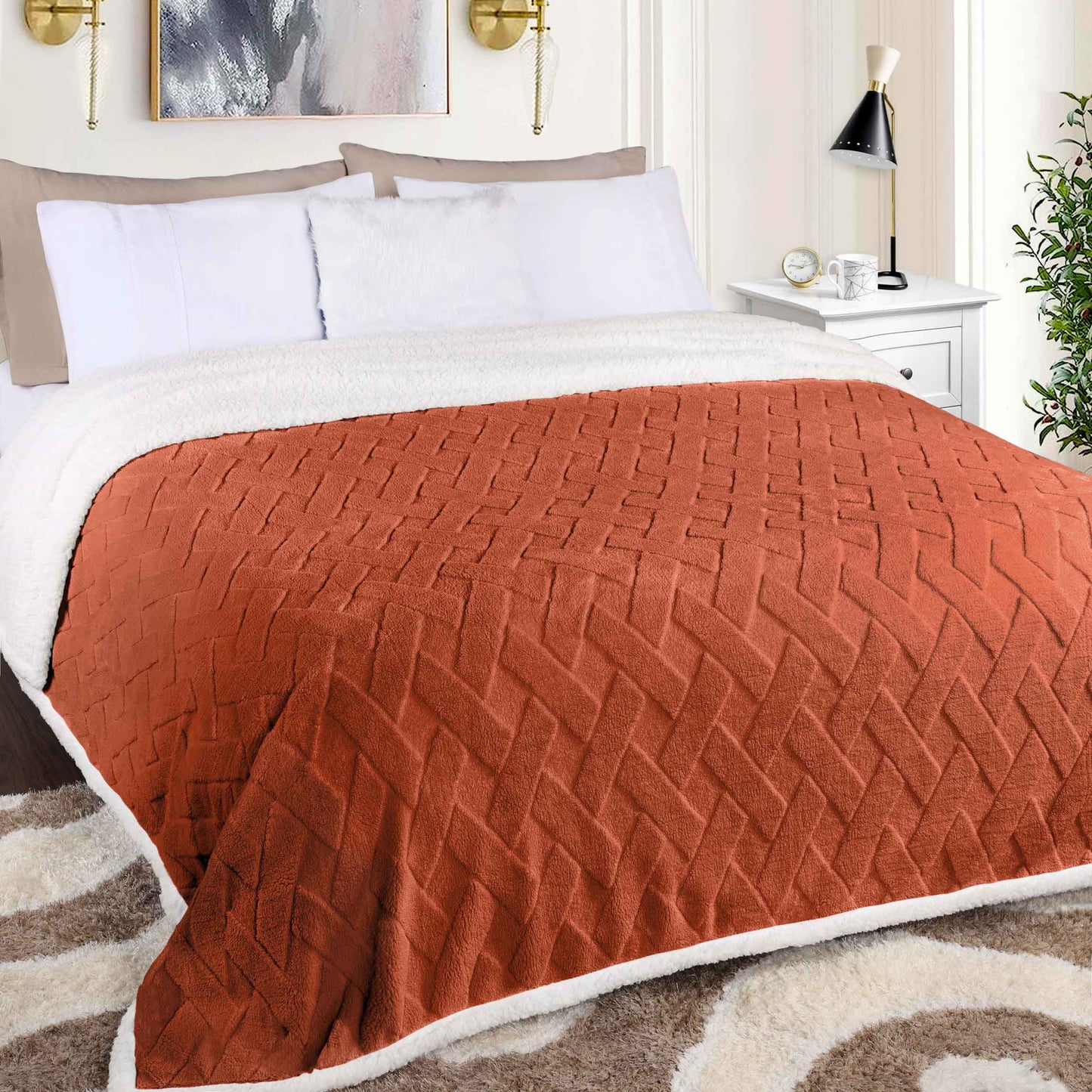 Nuuk Jacquard Lattice Fleece Plush Fluffy Sherpa Reversible Blanket - Rust