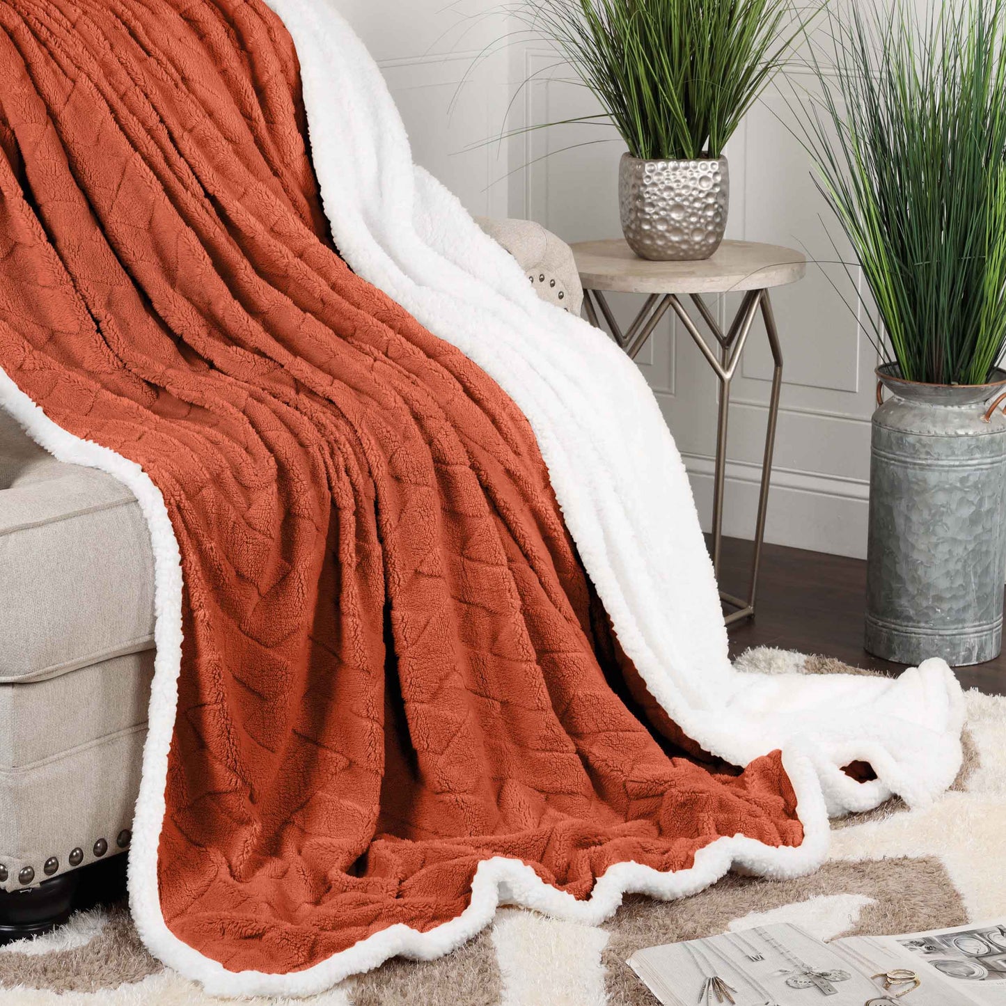 Nuuk Jacquard Lattice Fleece Plush Fluffy Sherpa Reversible Blanket - Rust