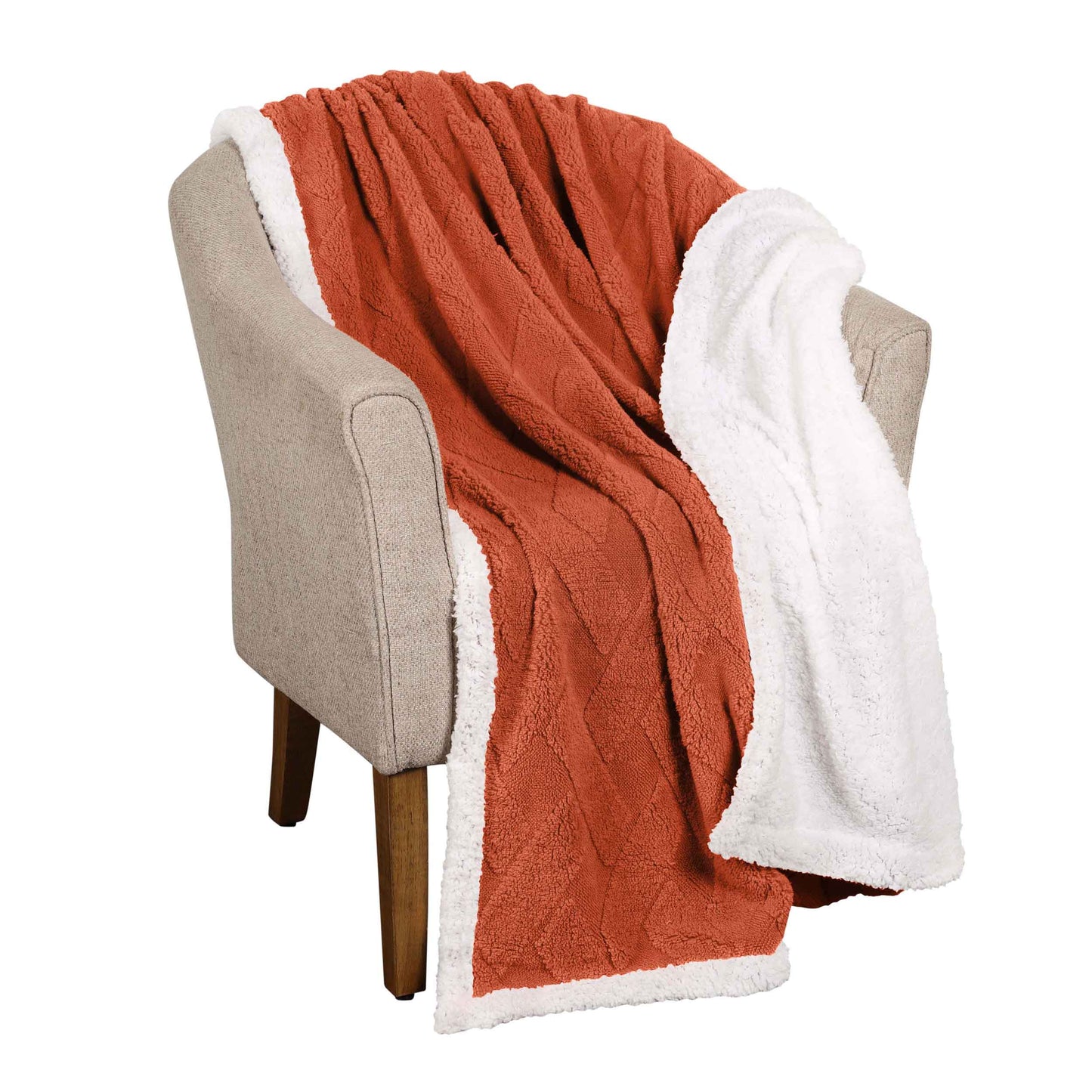 Nuuk Jacquard Lattice Fleece Plush Fluffy Sherpa Reversible Blanket - Rust