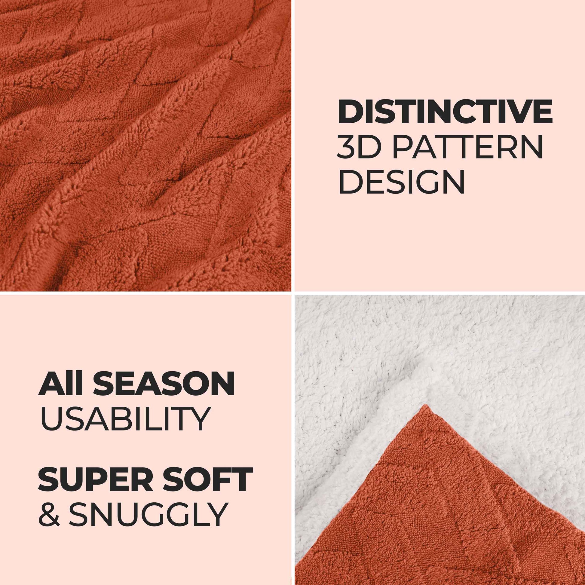 Nuuk Jacquard Lattice Fleece Plush Fluffy Sherpa Reversible Blanket - Rust