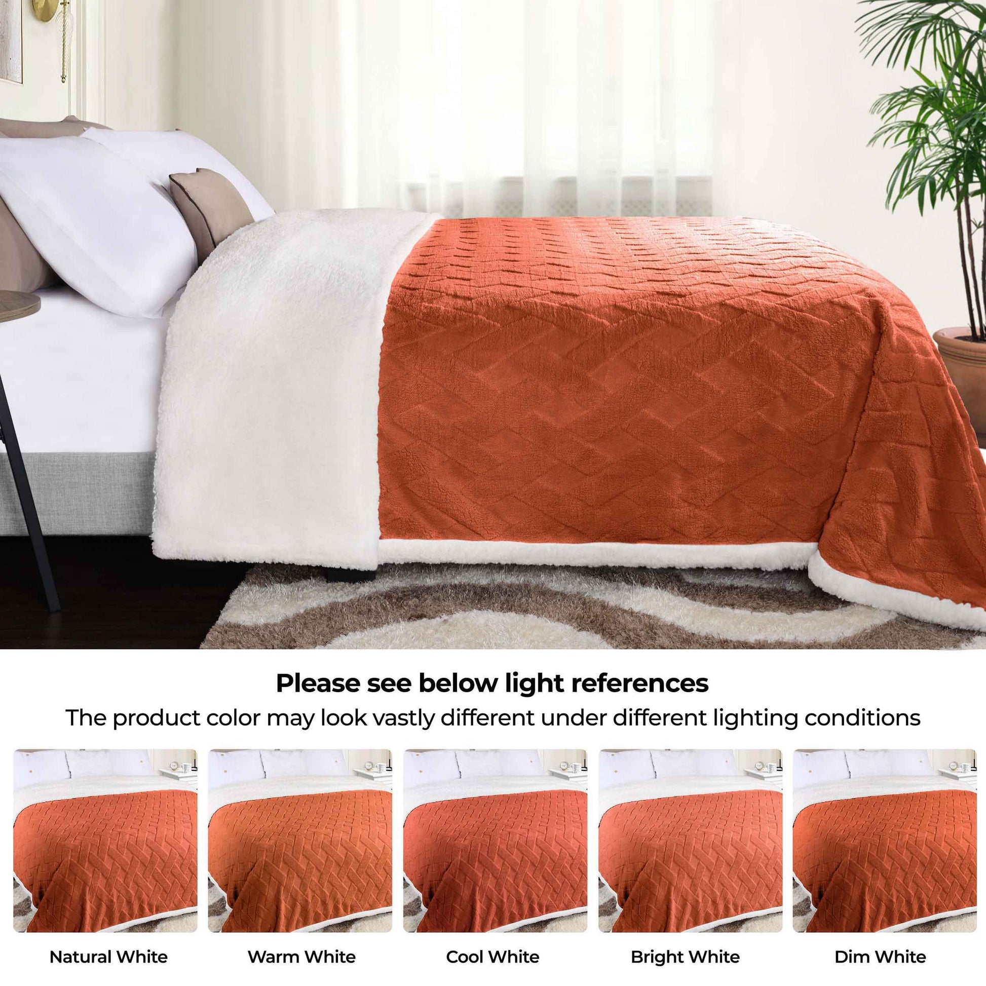 Nuuk Jacquard Lattice Fleece Plush Fluffy Sherpa Reversible Blanket - Rust
