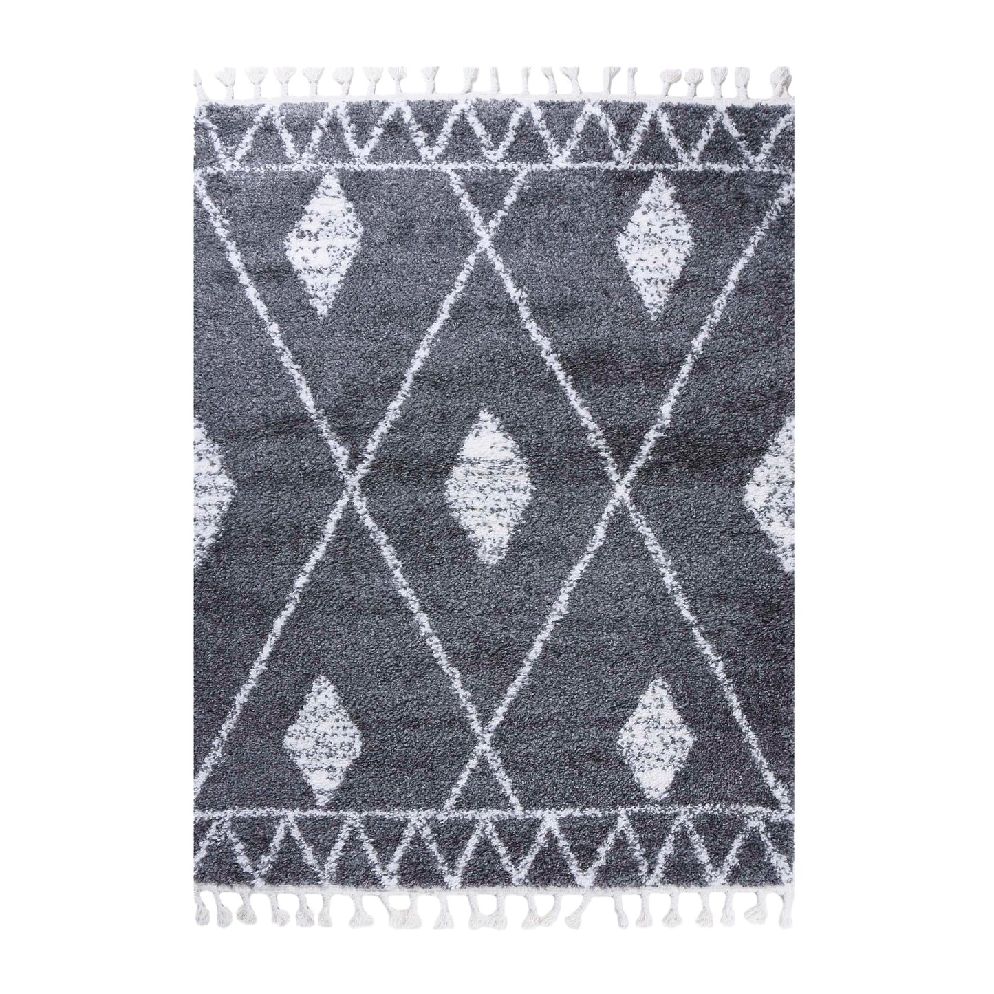 Superior Boho Tribal Geometric Indoor Shag Area Rug with Tassels - Grey-Cream