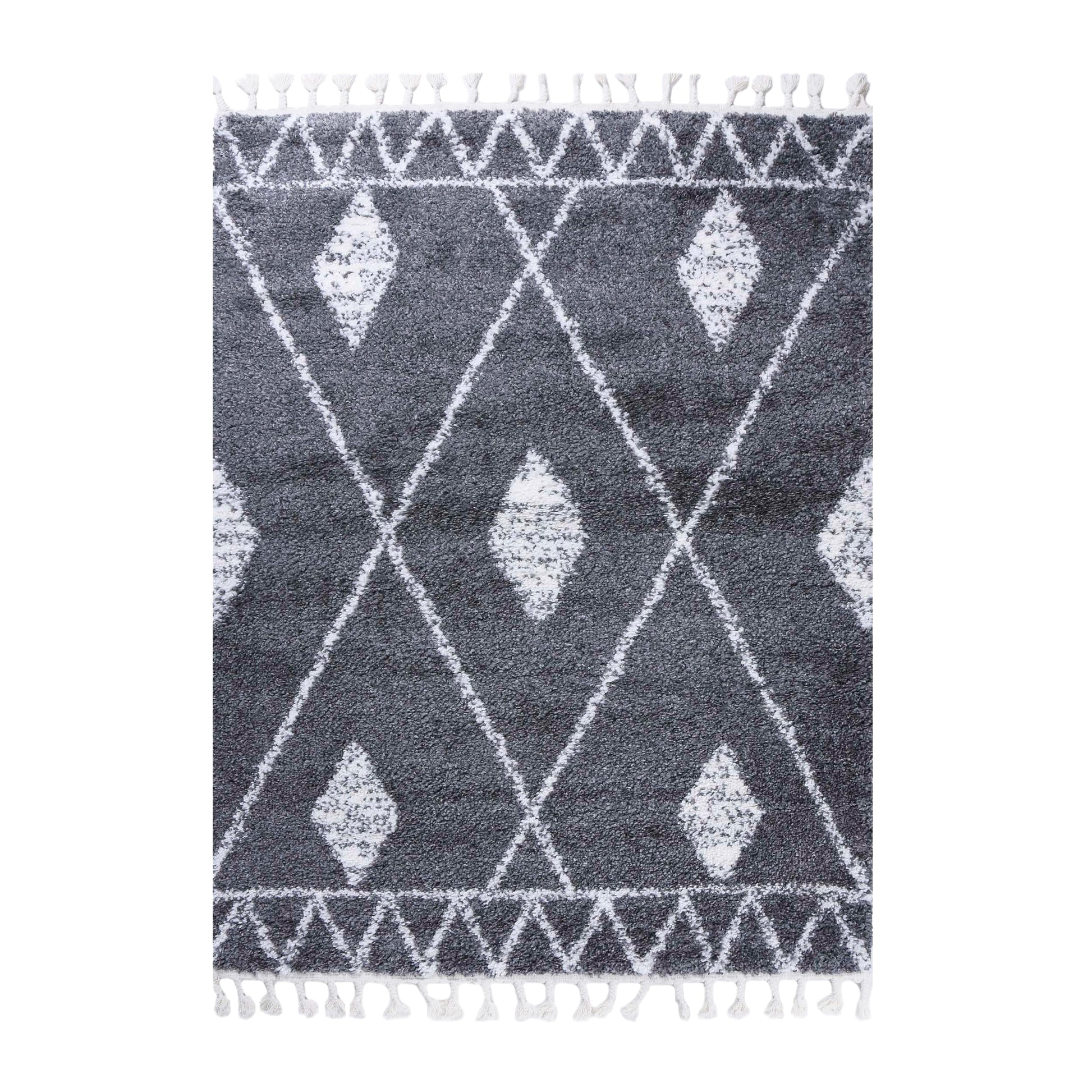 Superior Boho Tribal Geometric Indoor Shag Area Rug with Tassels - Grey-Cream