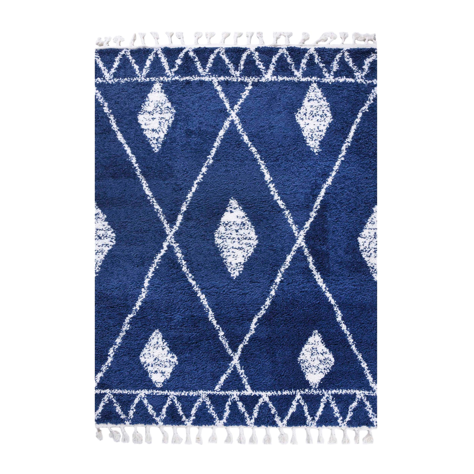 Superior Boho Tribal Geometric Indoor Shag Area Rug with Tassels - Cream-Blue