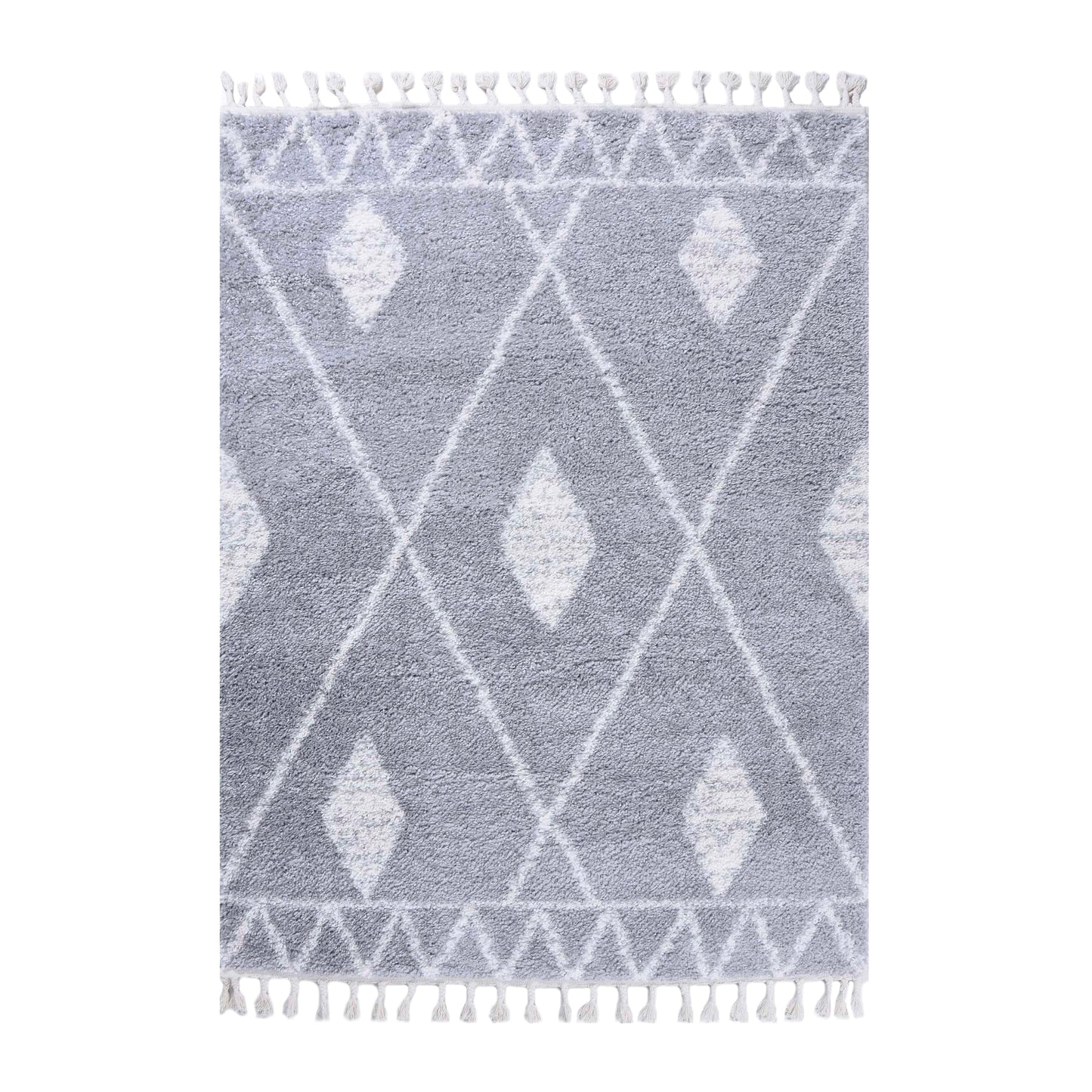 Superior Boho Tribal Geometric Indoor Shag Area Rug with Tassels - Grey-Cream
