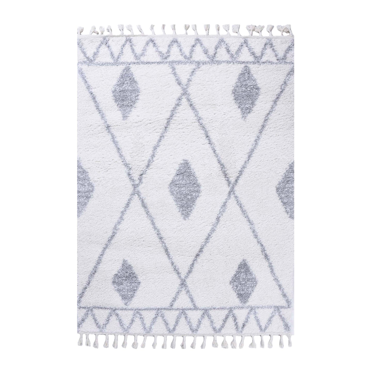 Superior Boho Tribal Geometric Indoor Shag Area Rug with Tassels - Grey-Cream