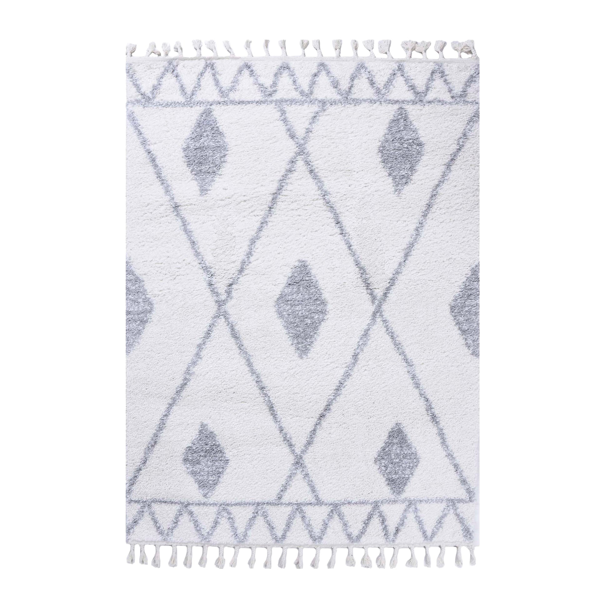 Superior Boho Tribal Geometric Indoor Shag Area Rug with Tassels - Grey-Cream