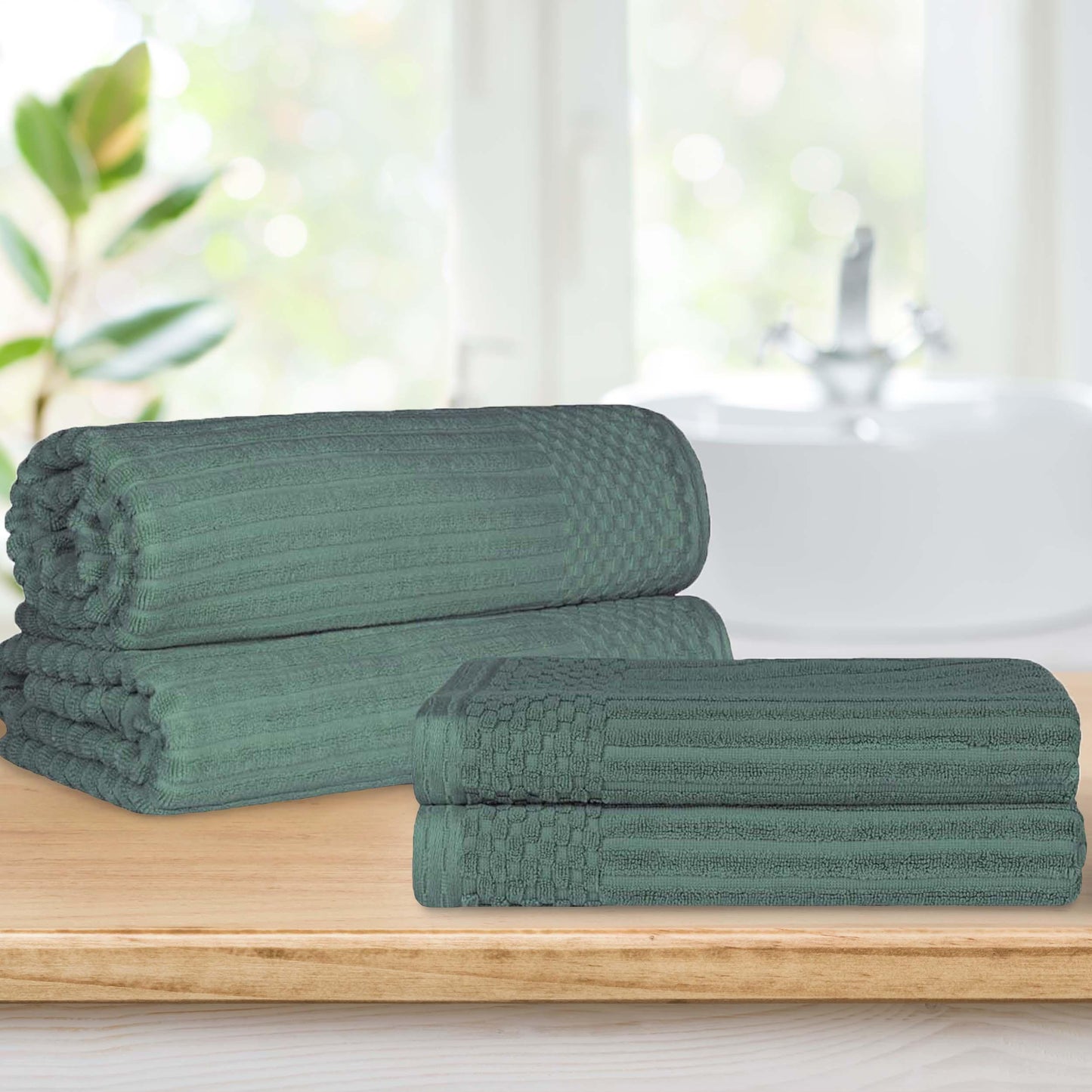 Superior Soho Ribbed Textured Cotton Ultra-Absorbent Bath Sheet & Bath Towel Set - Basil