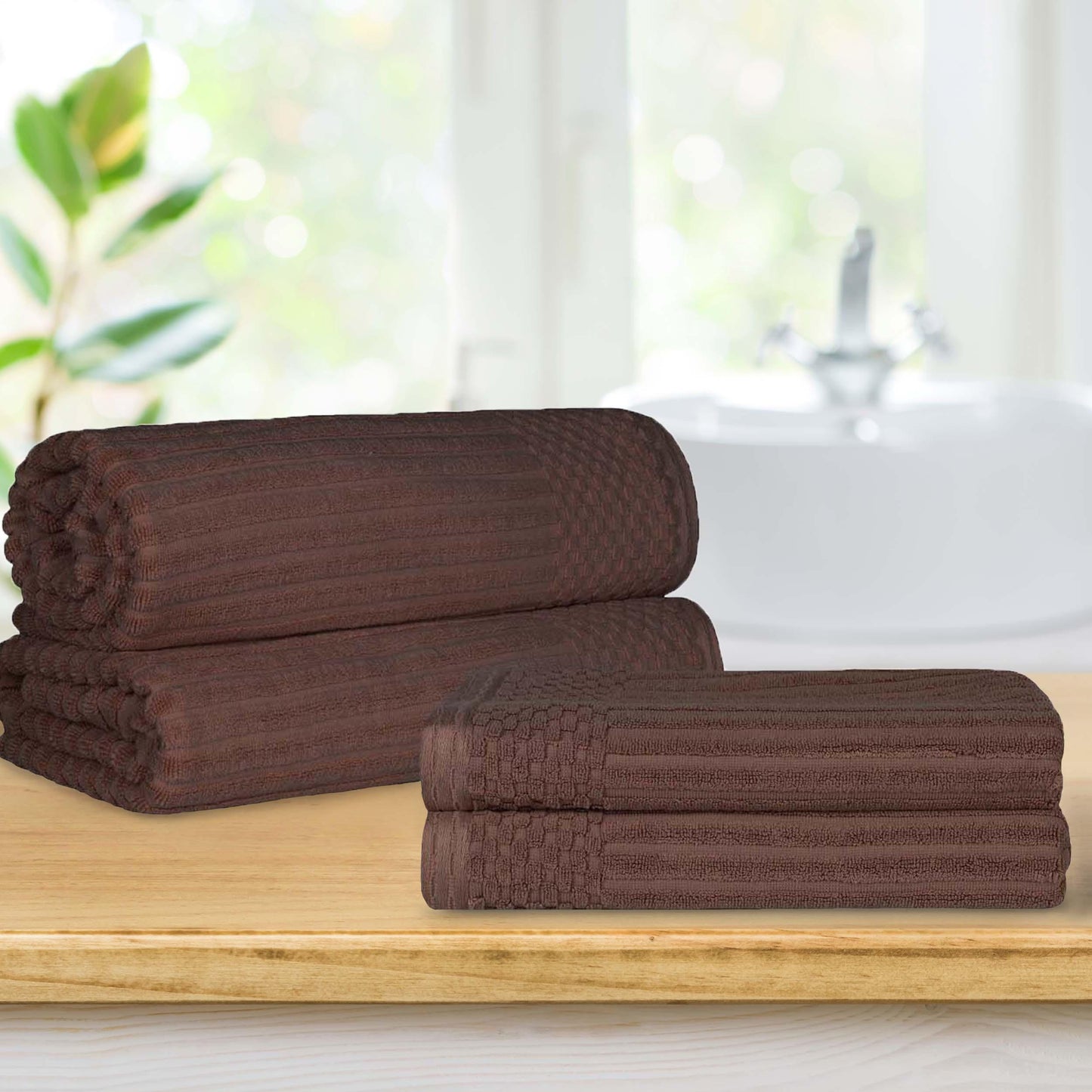 Superior Soho Ribbed Textured Cotton Ultra-Absorbent Bath Sheet & Bath Towel Set - Java