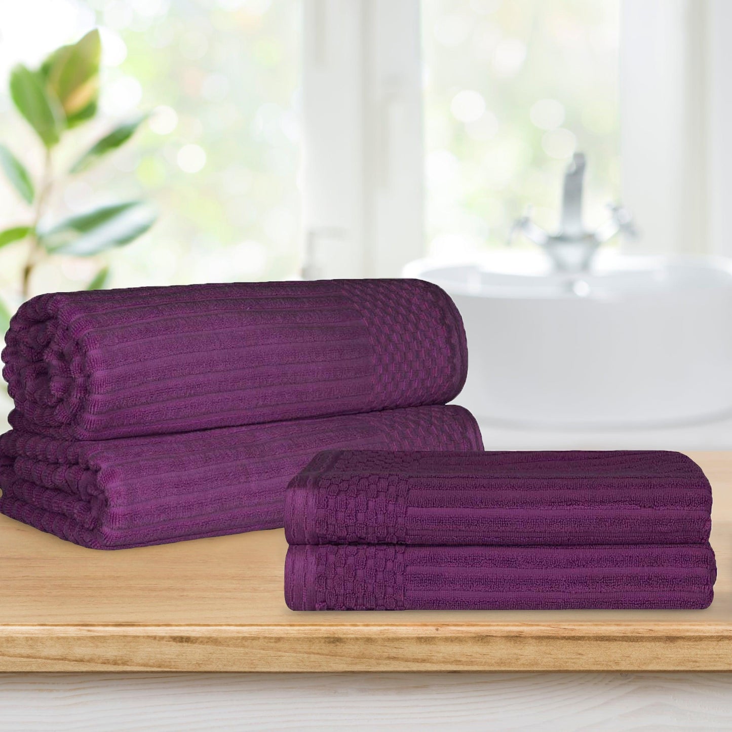 Superior Soho Ribbed Textured Cotton Ultra-Absorbent Bath Sheet & Bath Towel Set - Plum