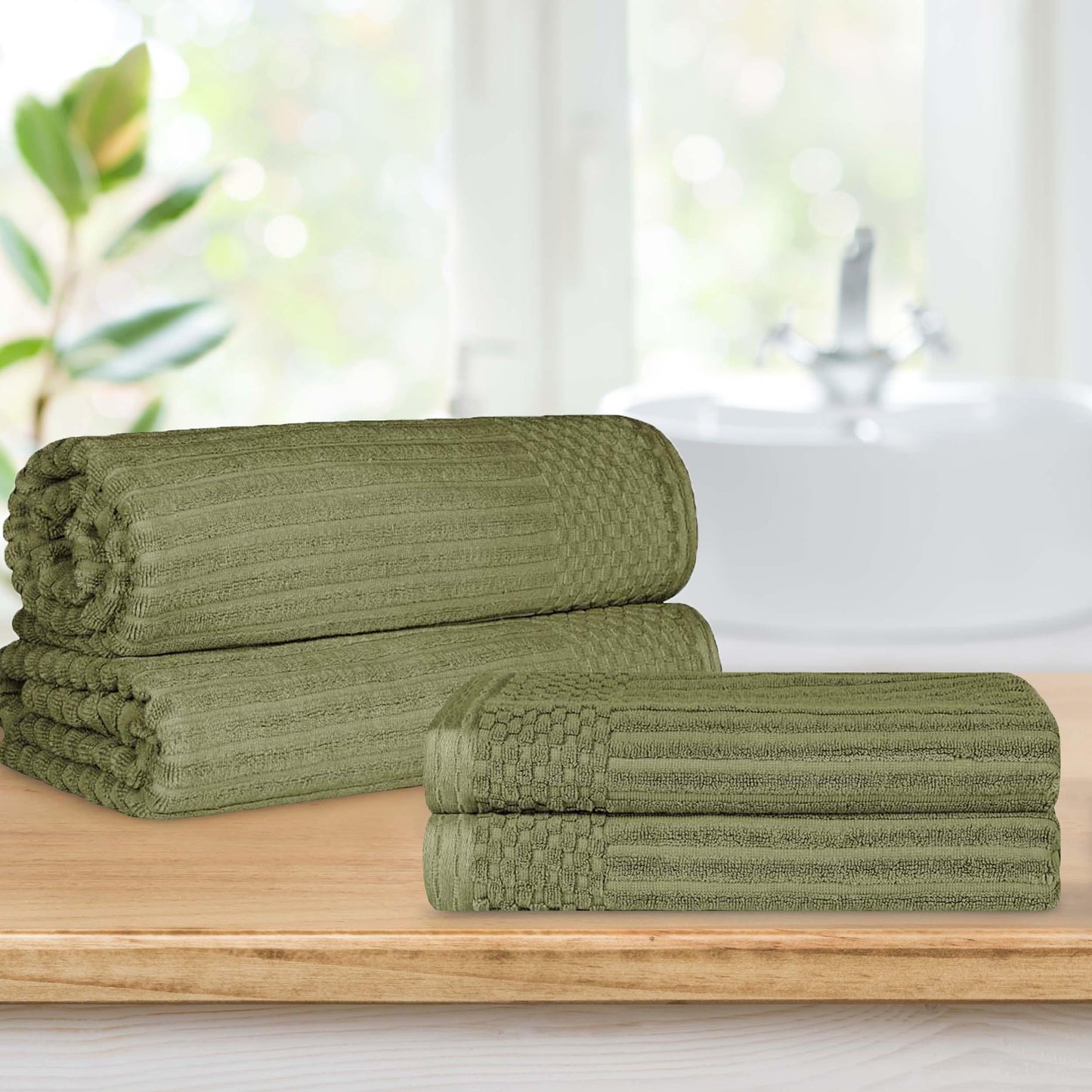 Superior Soho Ribbed Textured Cotton Ultra-Absorbent Bath Sheet & Bath Towel Set - Sage