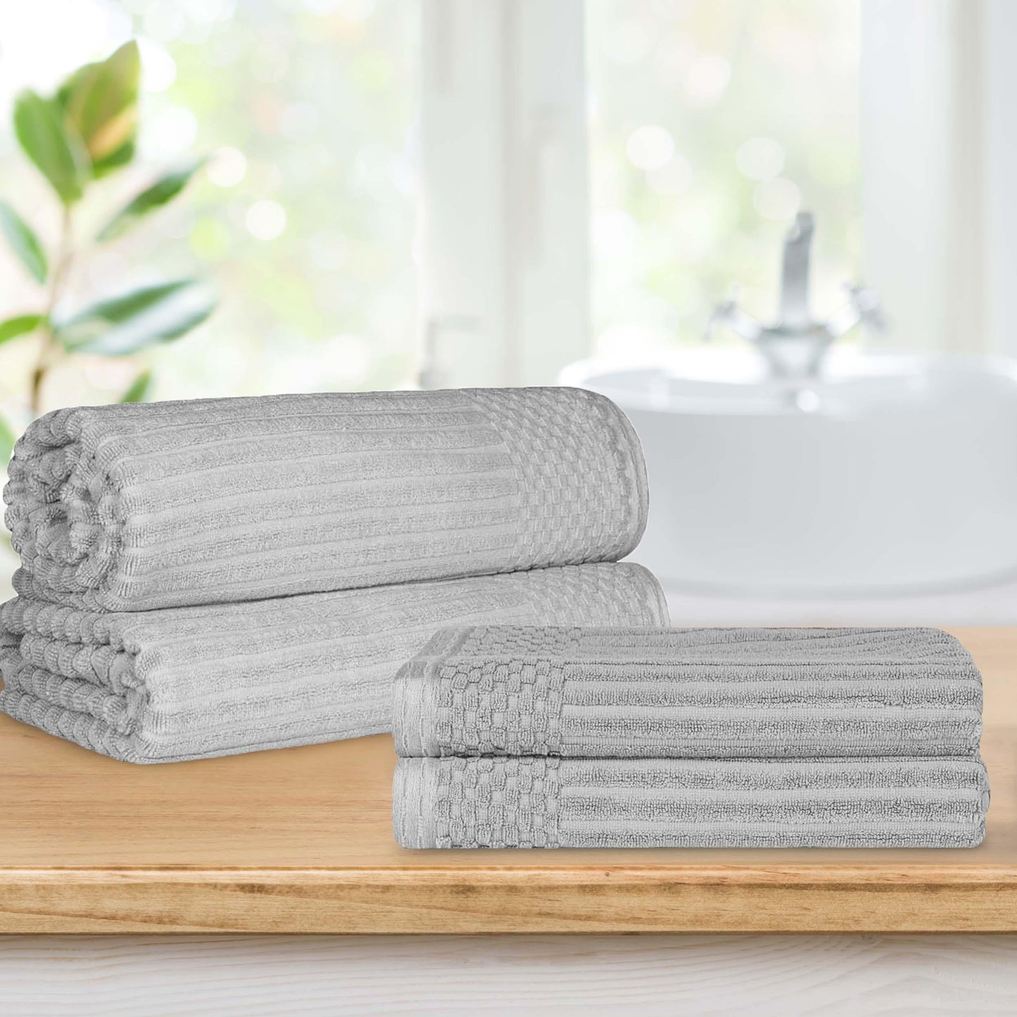 Superior Soho Ribbed Textured Cotton Ultra-Absorbent Bath Sheet & Bath Towel Set - Silver