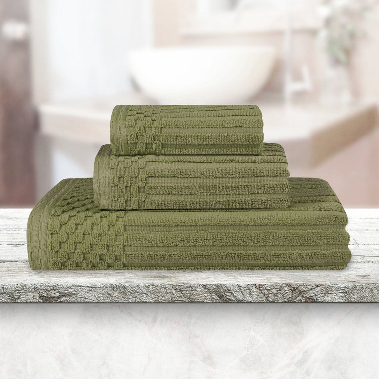 Soho Ribbed Cotton Absorbent 3 Piece Assorted Towel Set - Sage