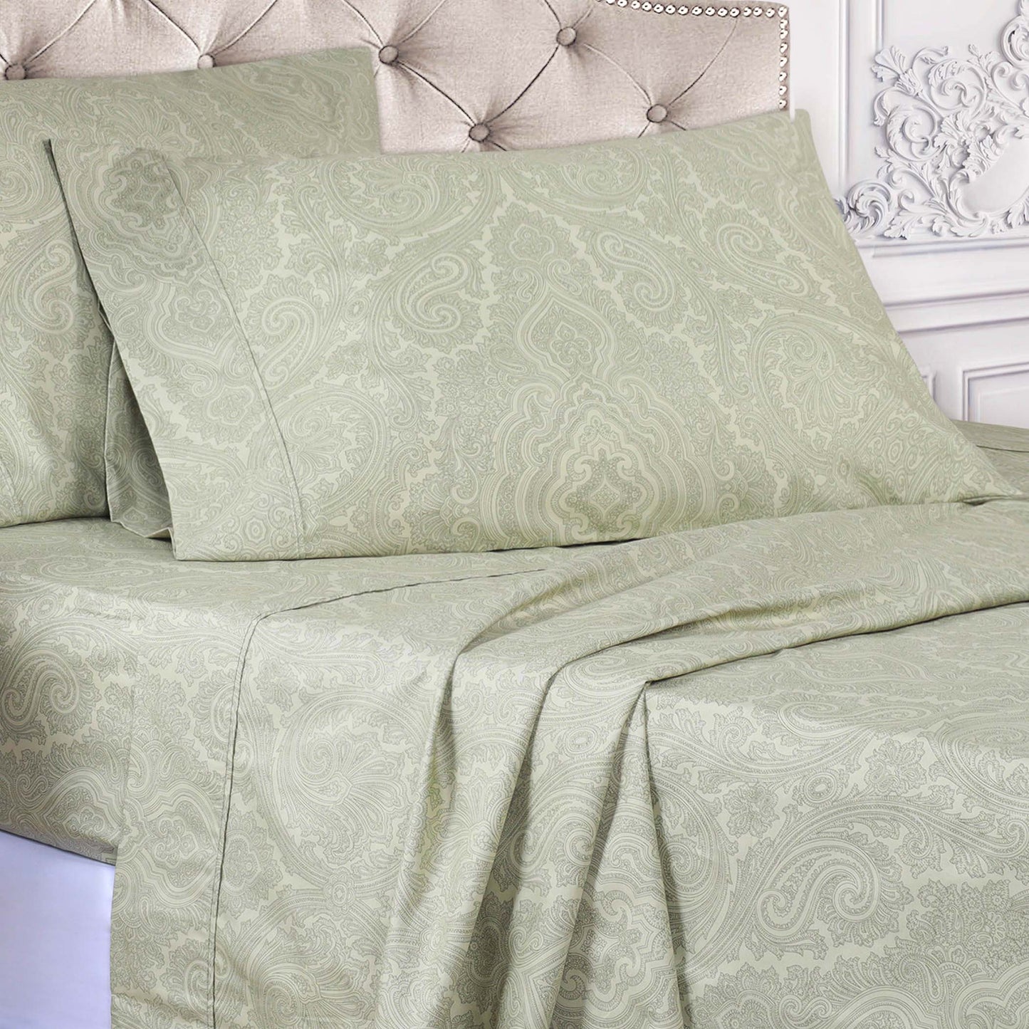 Italian Paisley 600 Thread Count Cotton Blend Deep Pocket Sheet Set - Sage