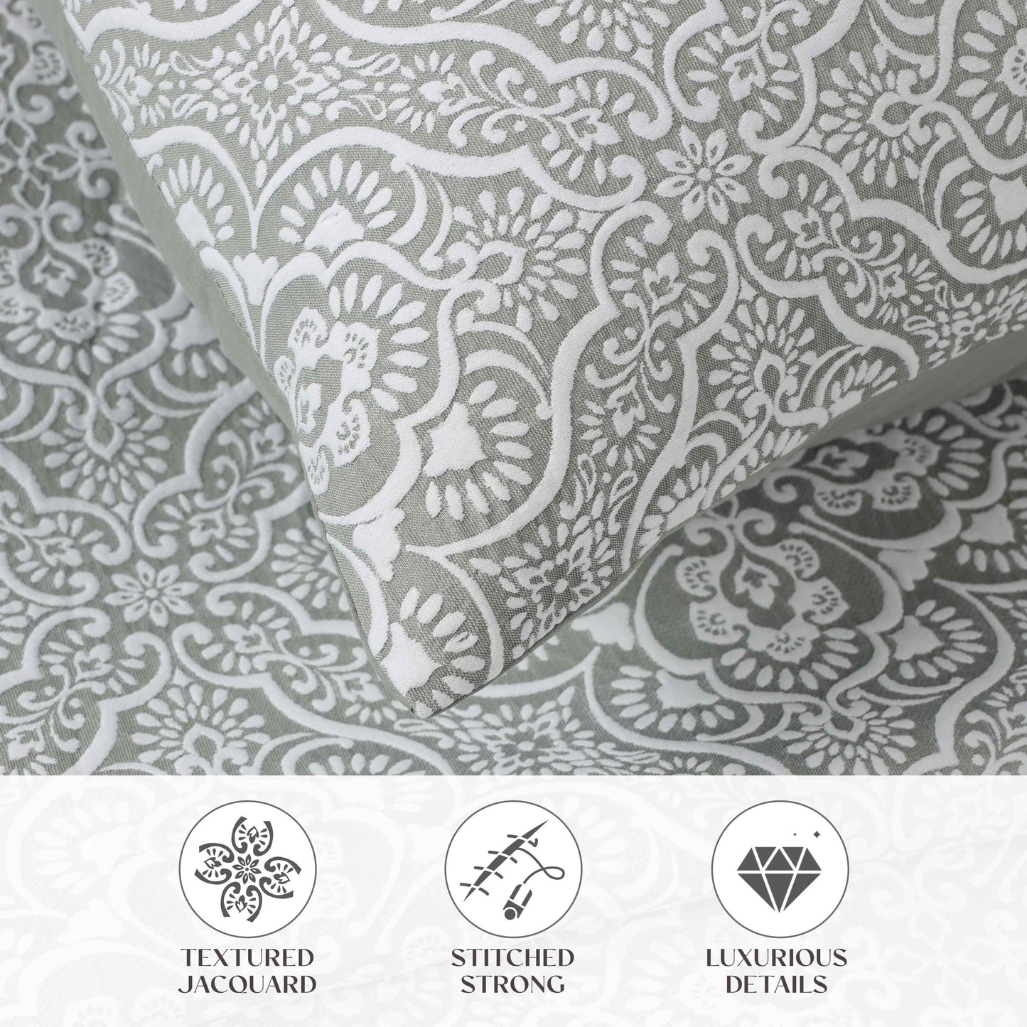 Enzy Medium Weight Floral Matelasse 3 Piece Bedspread Pillow Sham Set - Sage