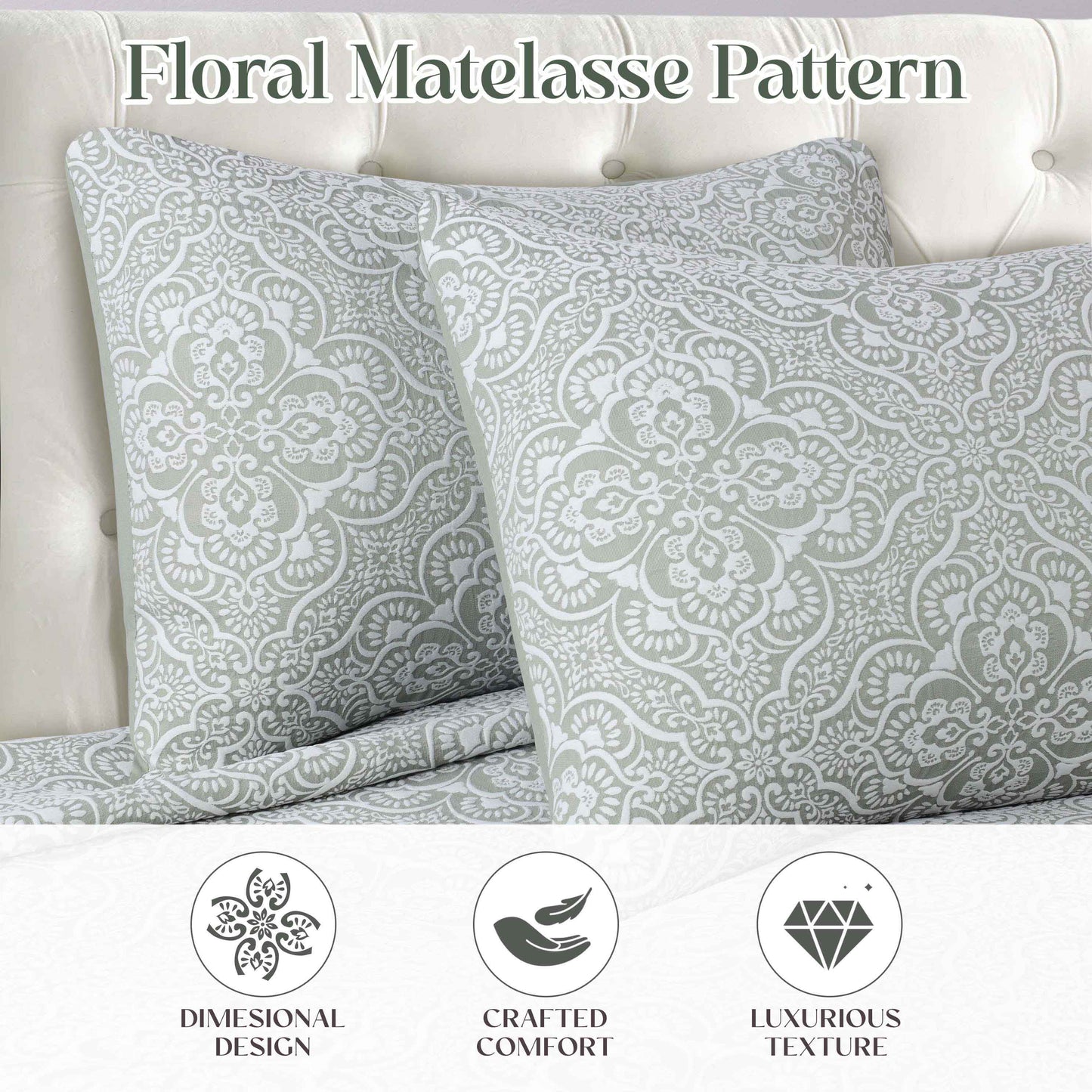 Enzy Medium Weight Floral Matelasse 3 Piece Bedspread Pillow Sham Set - Sage