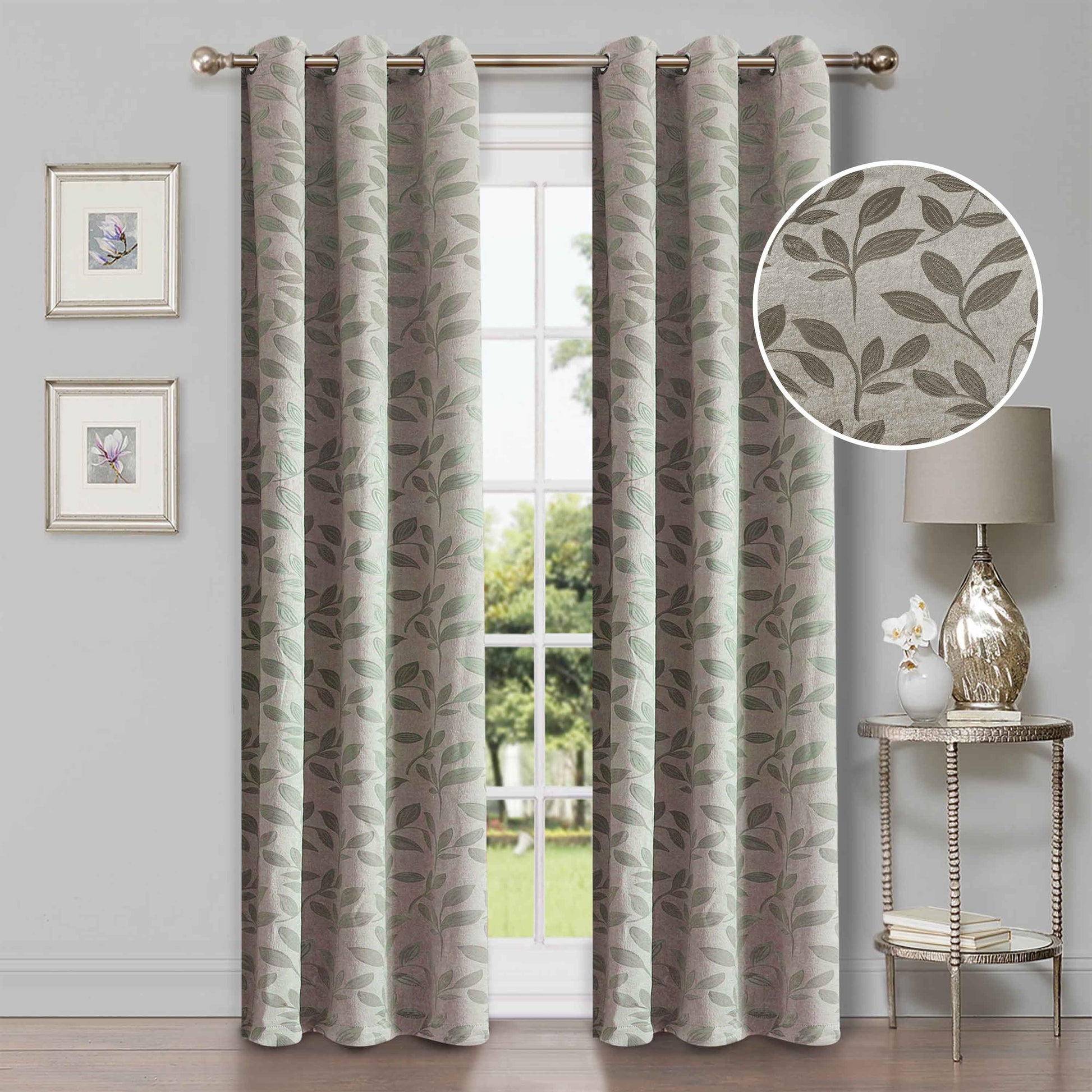 Leaves Machine Washable Room Darkening Blackout Curtains, Set of 2 - Sage