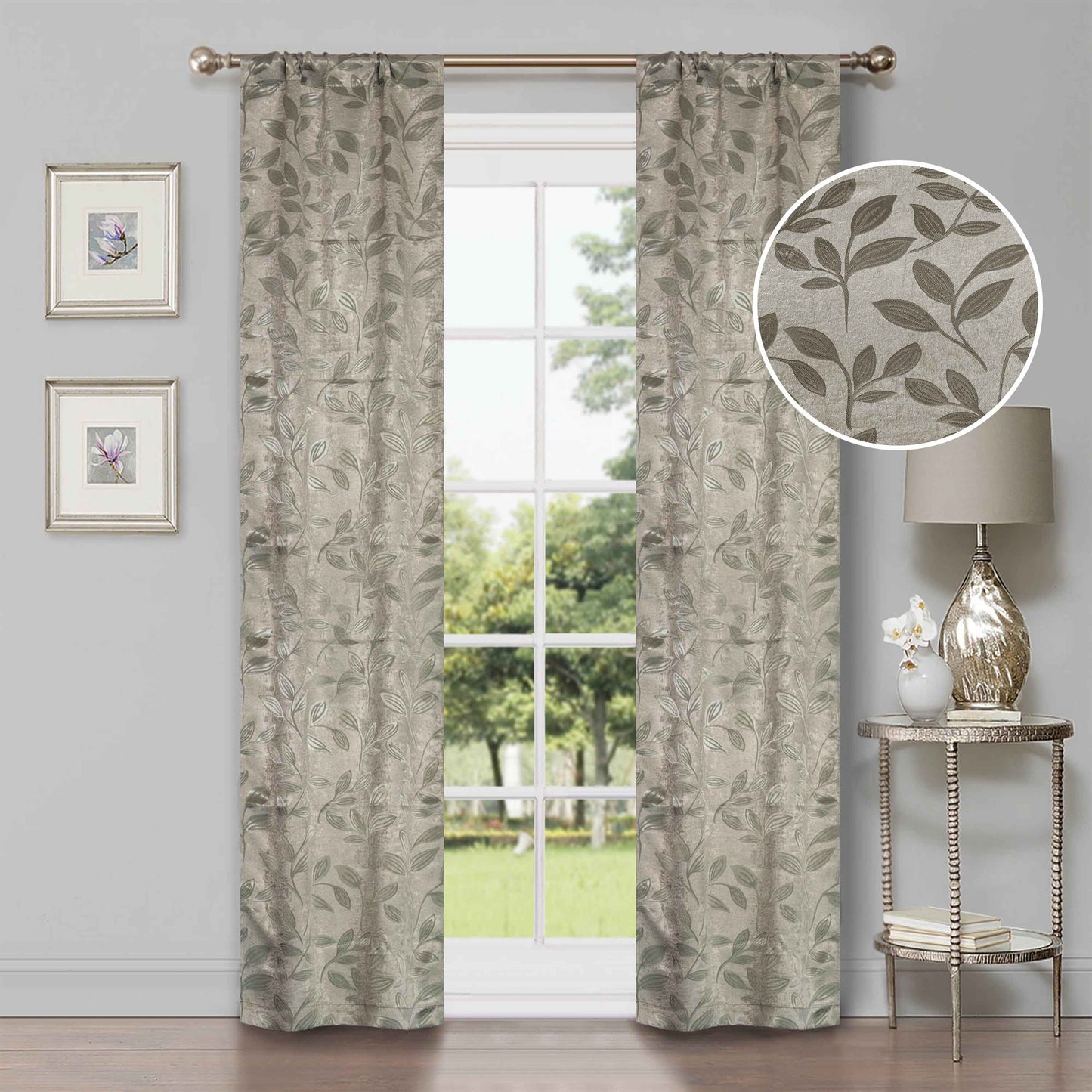 Leaves Machine Washable Room Darkening Blackout Curtains, Set of 2 - Sage