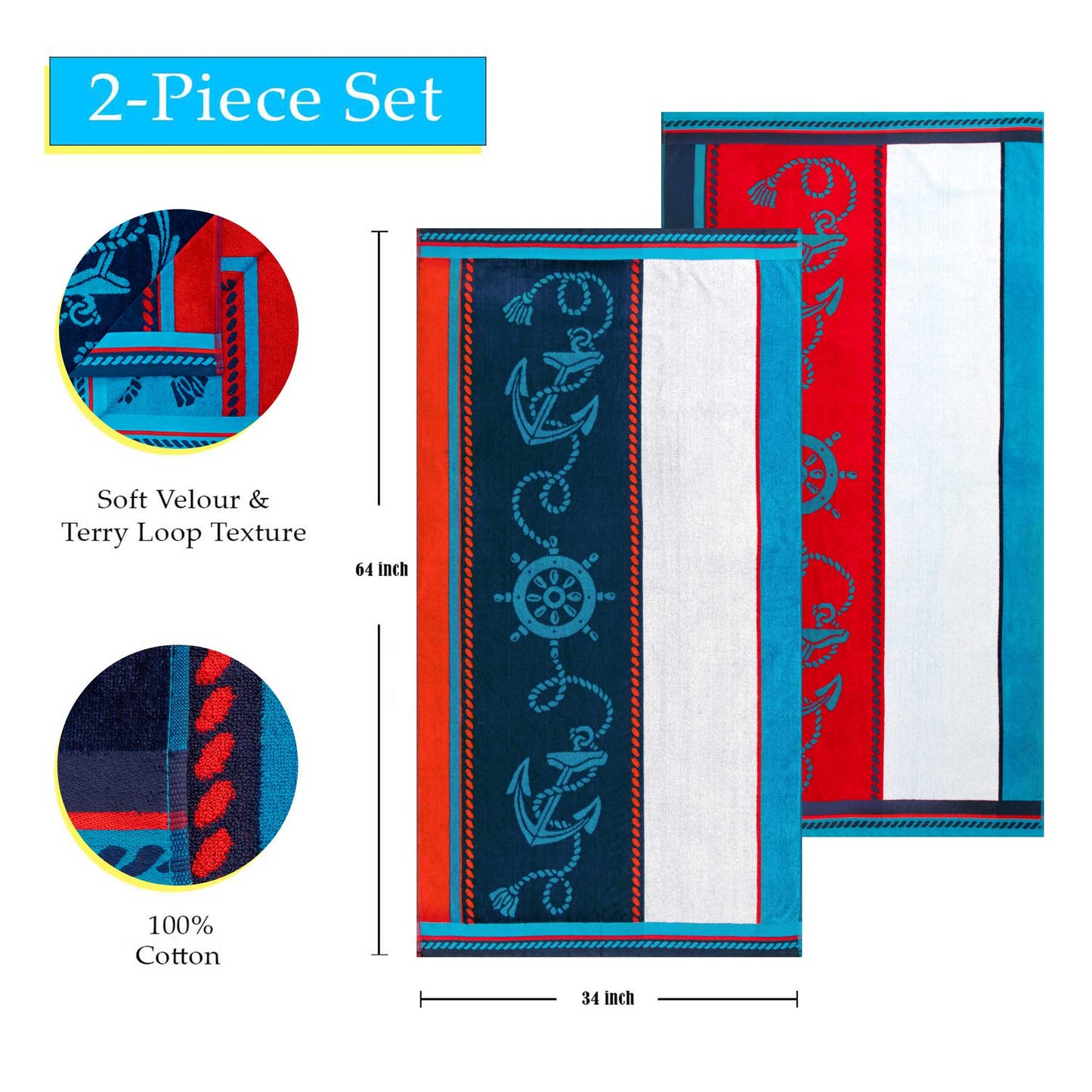 Superior Sailing Cotton Oversized Beach Towel Set -Blue