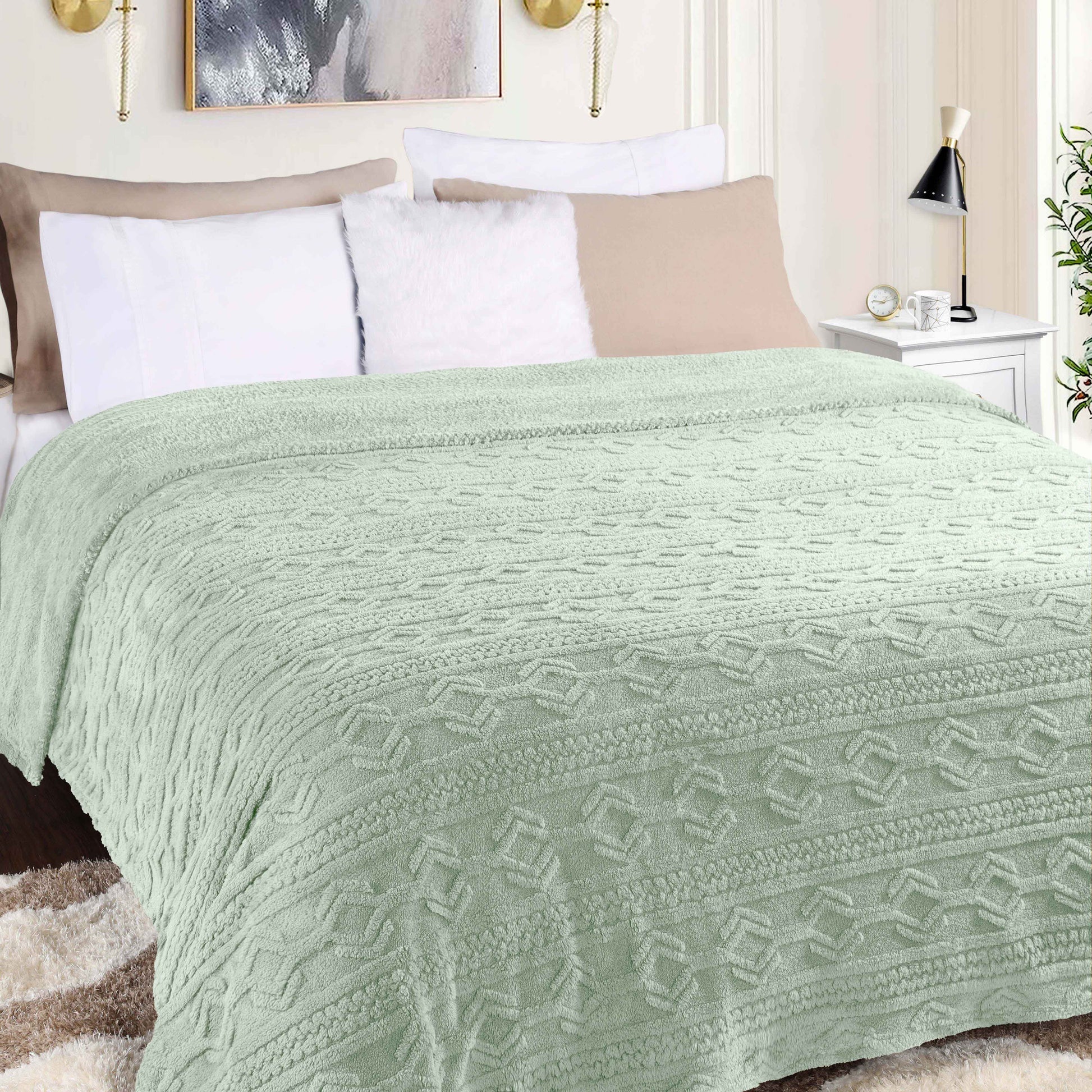 Arctic Boho Knit Jacquard Fleece Plush Medium Weight Fluffy Blanket - Seafoam