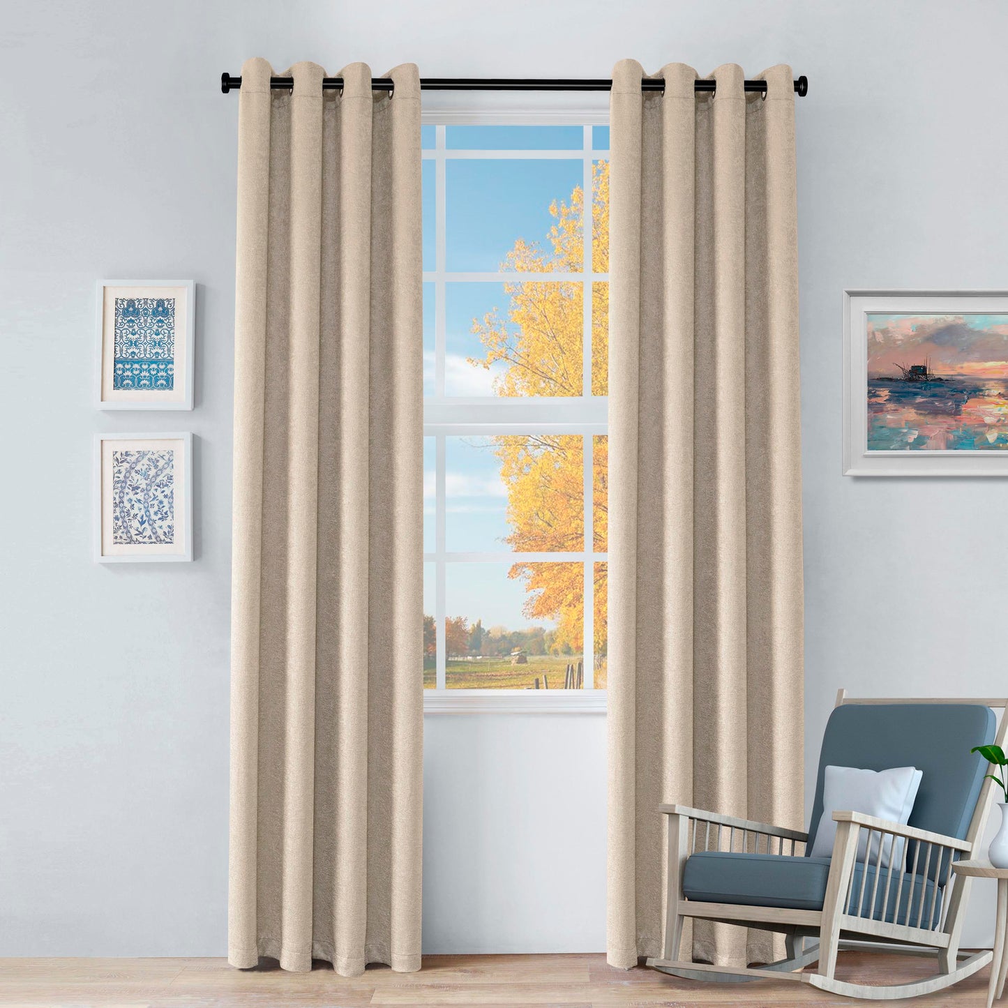 Blackout Senna Solid Textured Grommet Curtain Panels - Beige
