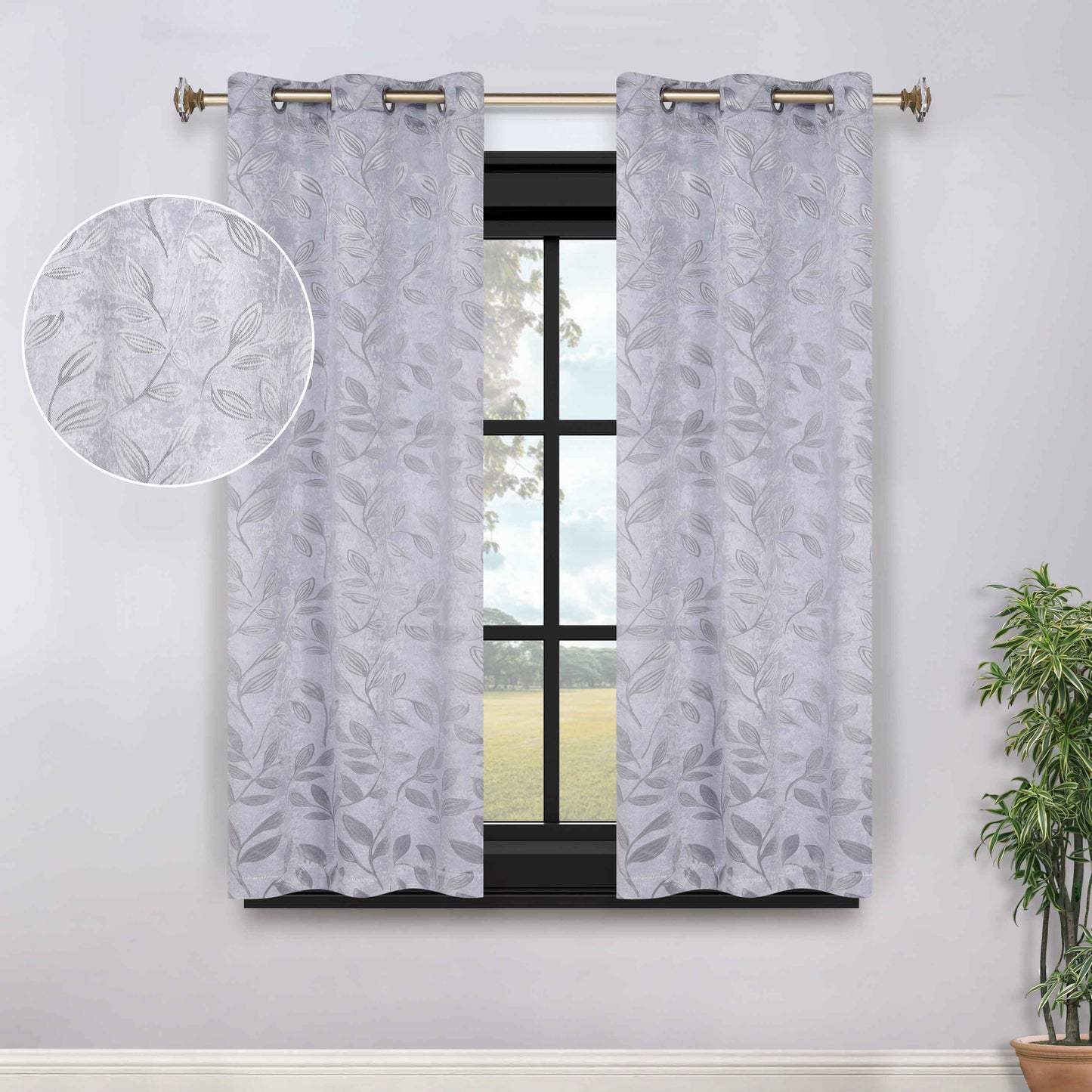 Leaves Room Darkening Grommet Blackout Curtain Panels, Set of 2 - Silver