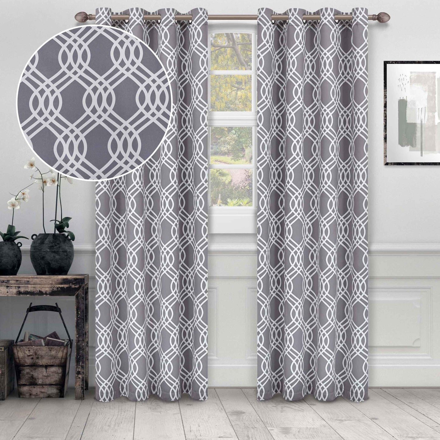 Ribbon Trellis Washable Room Darkening Blackout Curtains, Set of 2