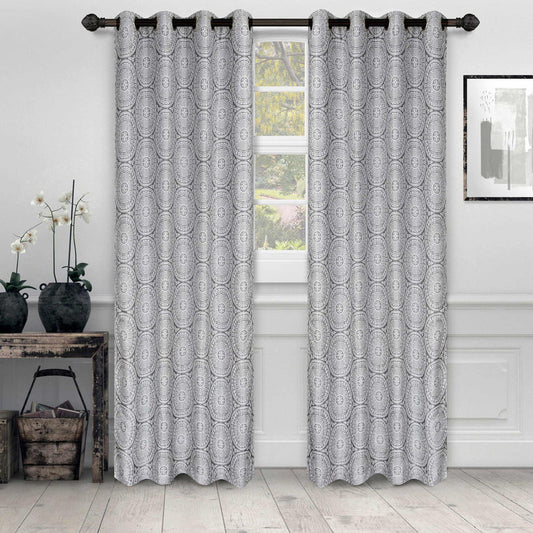 Eminence Jacquard Floral Medallion Grommet Curtain Panels (Set of 2) - Silver