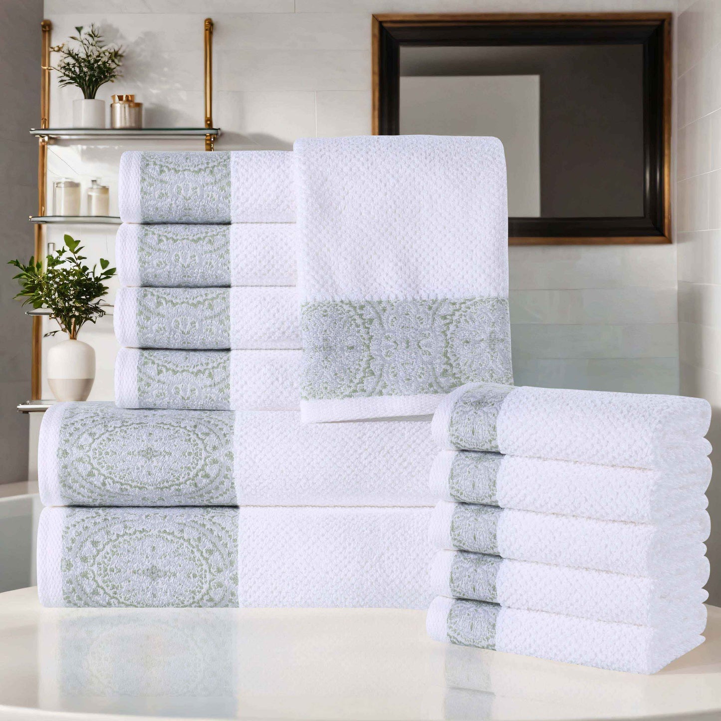 Medallion Cotton Jacquard Textured Soft Absorbent 12 Piece Towel Set - Silver