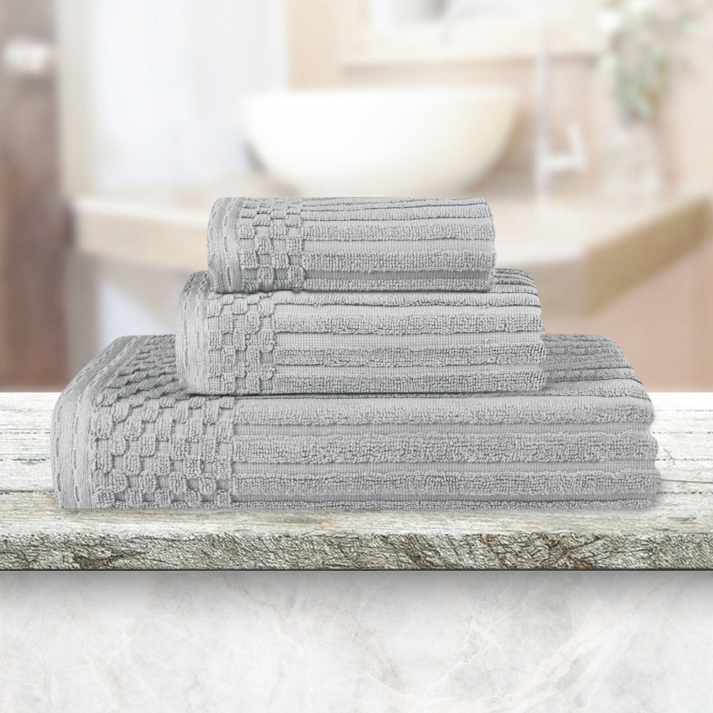 Soho Ribbed Cotton Absorbent 3 Piece Assorted Towel Set - Silver