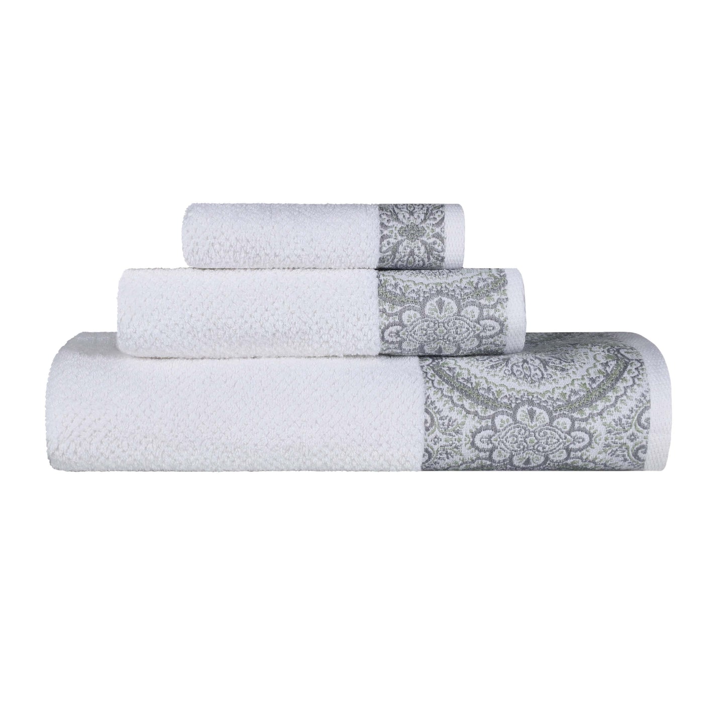 Medallion Cotton Jacquard Textured Soft Absorbent 3 Piece Towel Set - Silver