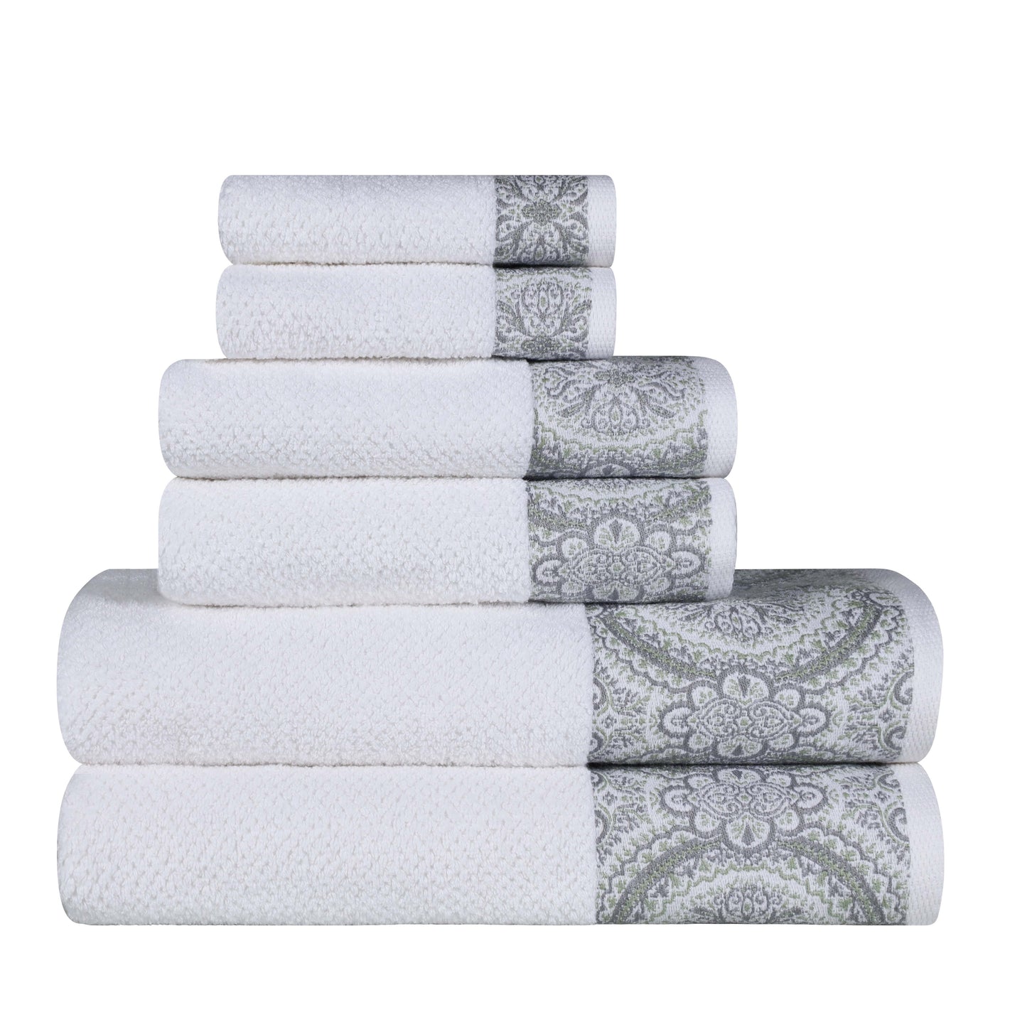 Medallion Cotton Jacquard Textured 6 Piece Assorted Towel Set - Silver
