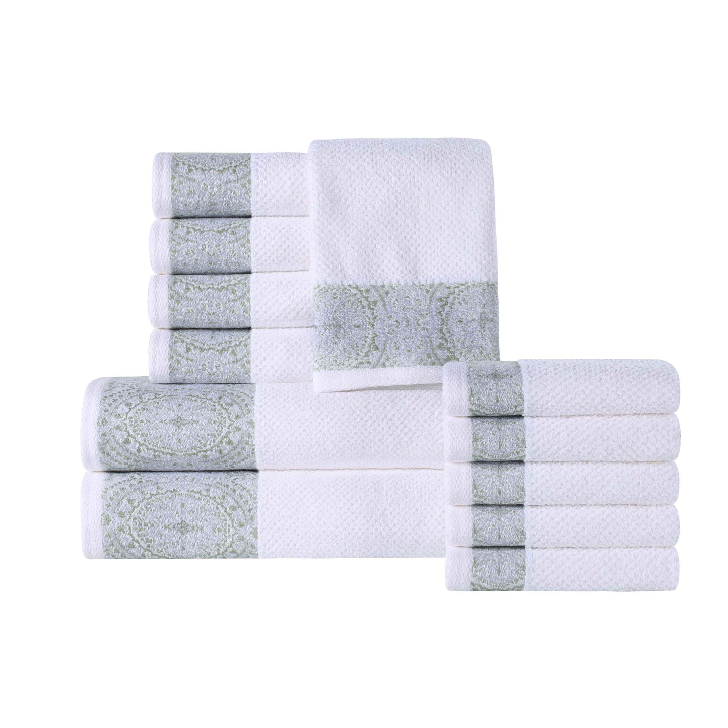 Medallion Cotton Jacquard Textured Soft Absorbent 12 Piece Towel Set - Silver