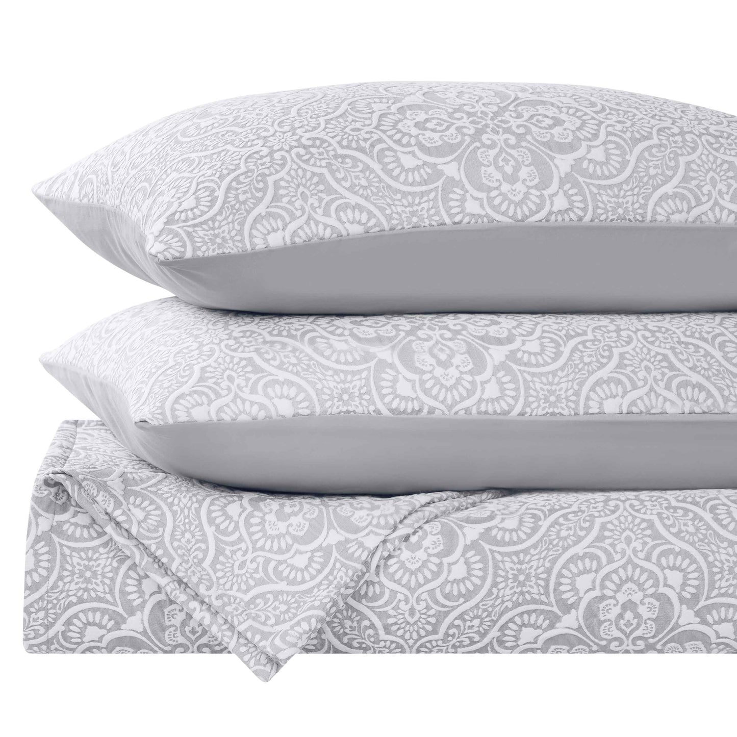 Enzy Medium Weight Floral Matelasse 3 Piece Bedspread Pillow Sham Set - Silver