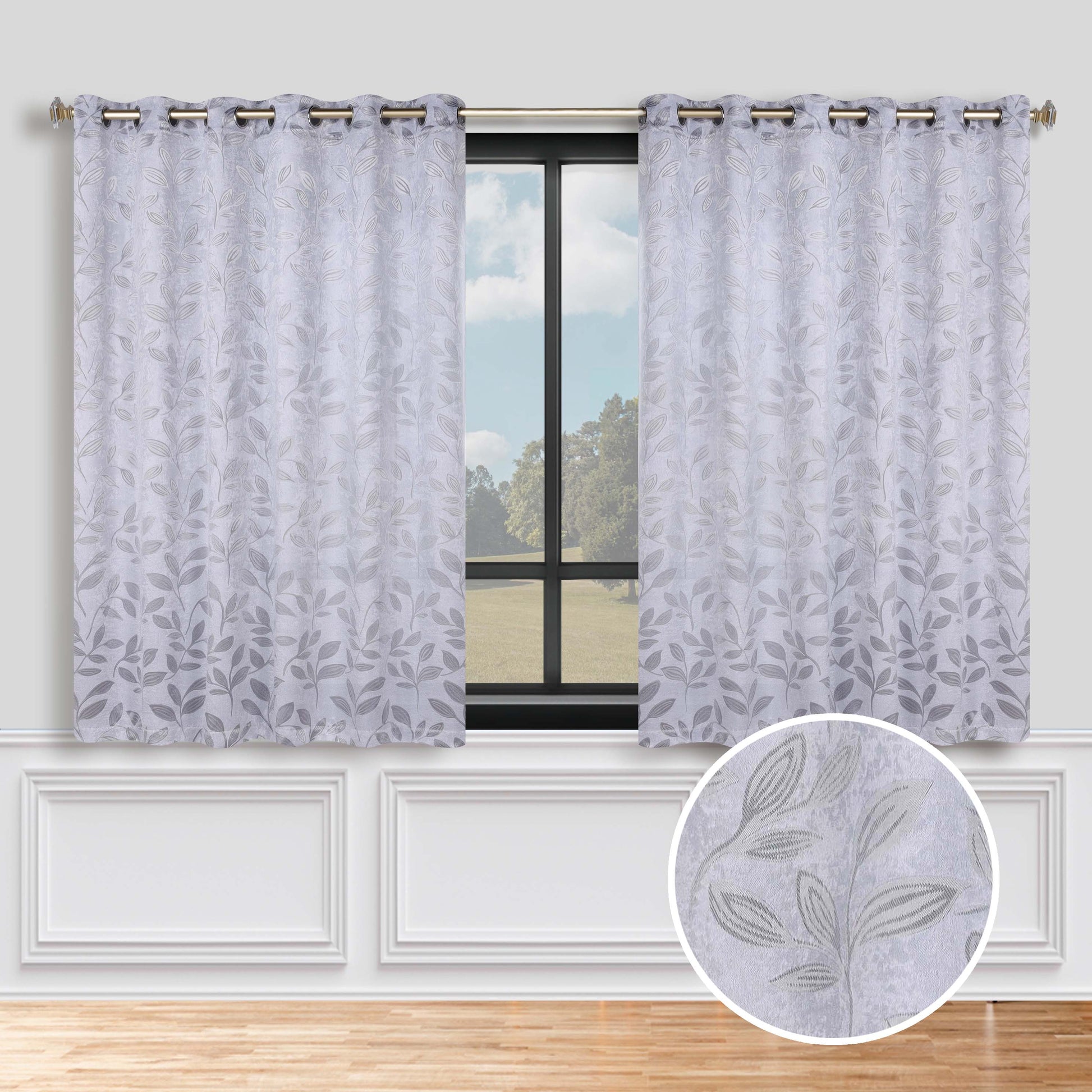 Leaves Room Darkening Grommet Blackout Curtain Panels, Set of 2 - Silver