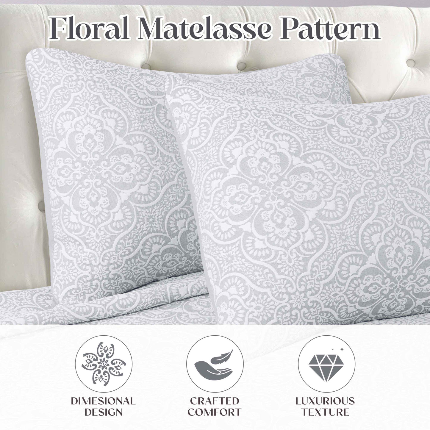 Enzy Medium Weight Floral Matelasse 3 Piece Bedspread Pillow Sham Set - Silver