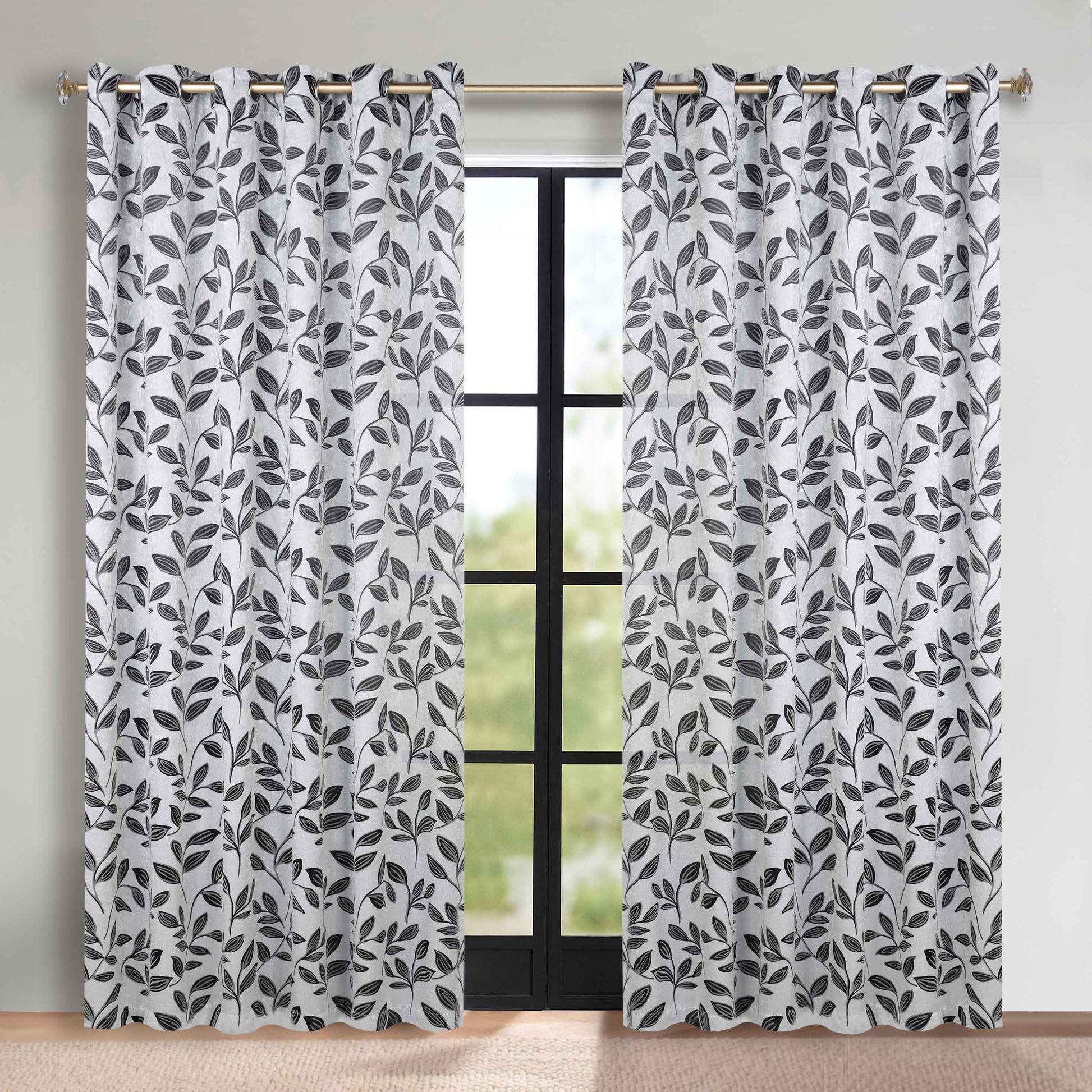 Leaves Room Darkening Grommet Blackout Curtain Panels, Set of 2 - Silver-Black