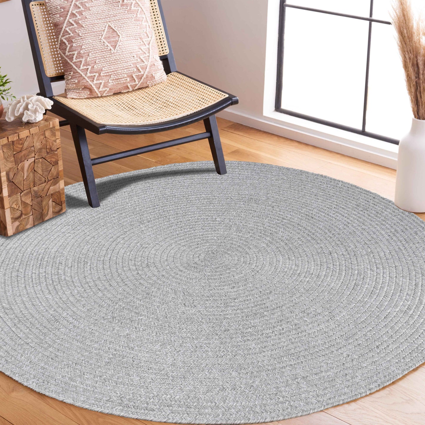 Bohemian Braided Indoor Outdoor Rugs Solid Round Area Rug - Slate