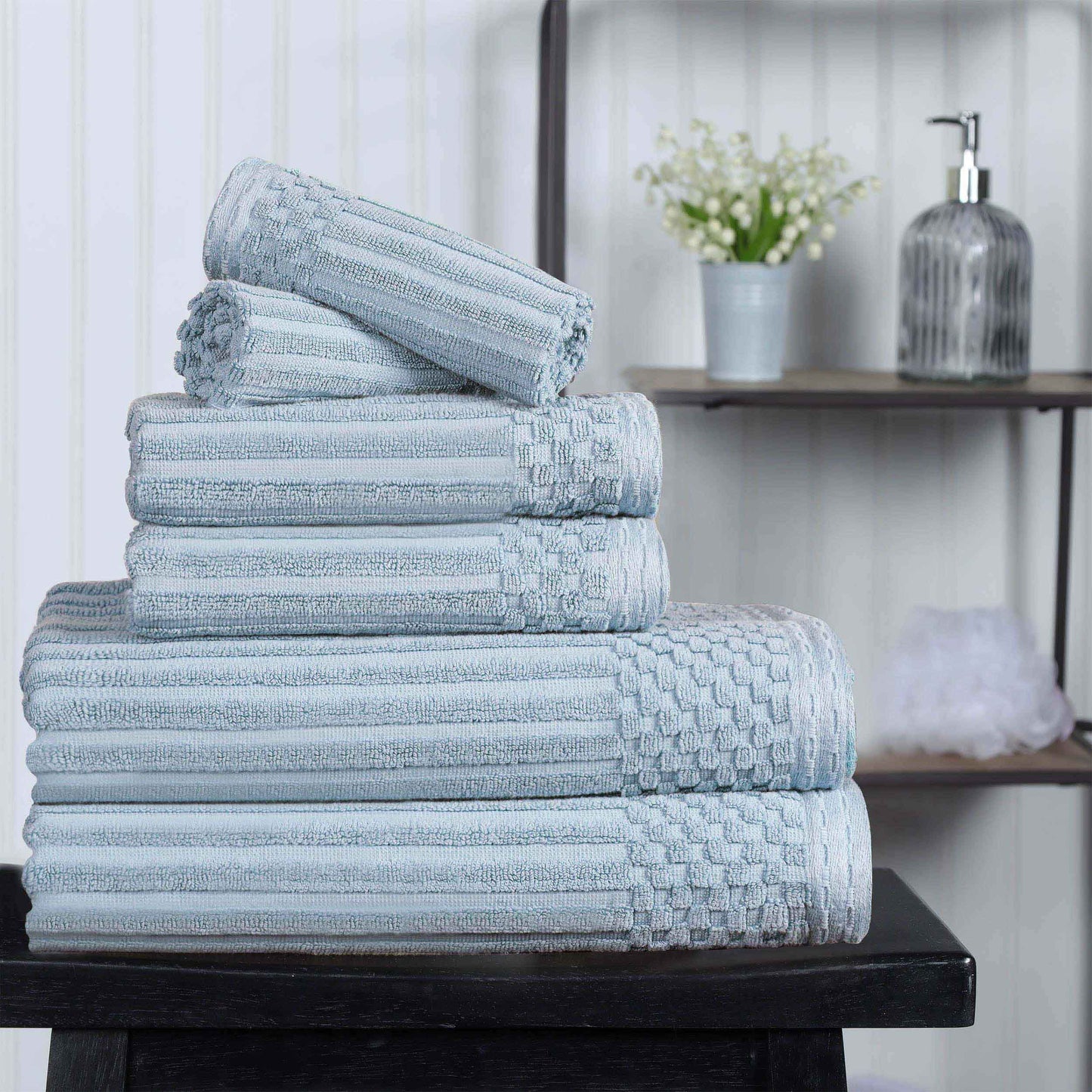 Ribbed Textured Cotton Medium Weight 6 Piece Towel Set - SlateBlue