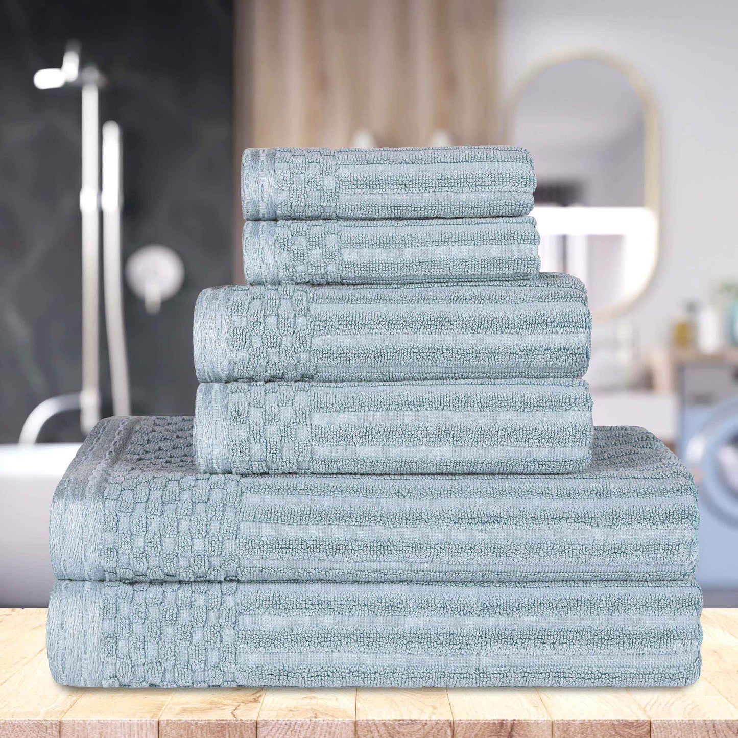 Ribbed Textured Cotton Medium Weight 6 Piece Towel Set - SlateBlue