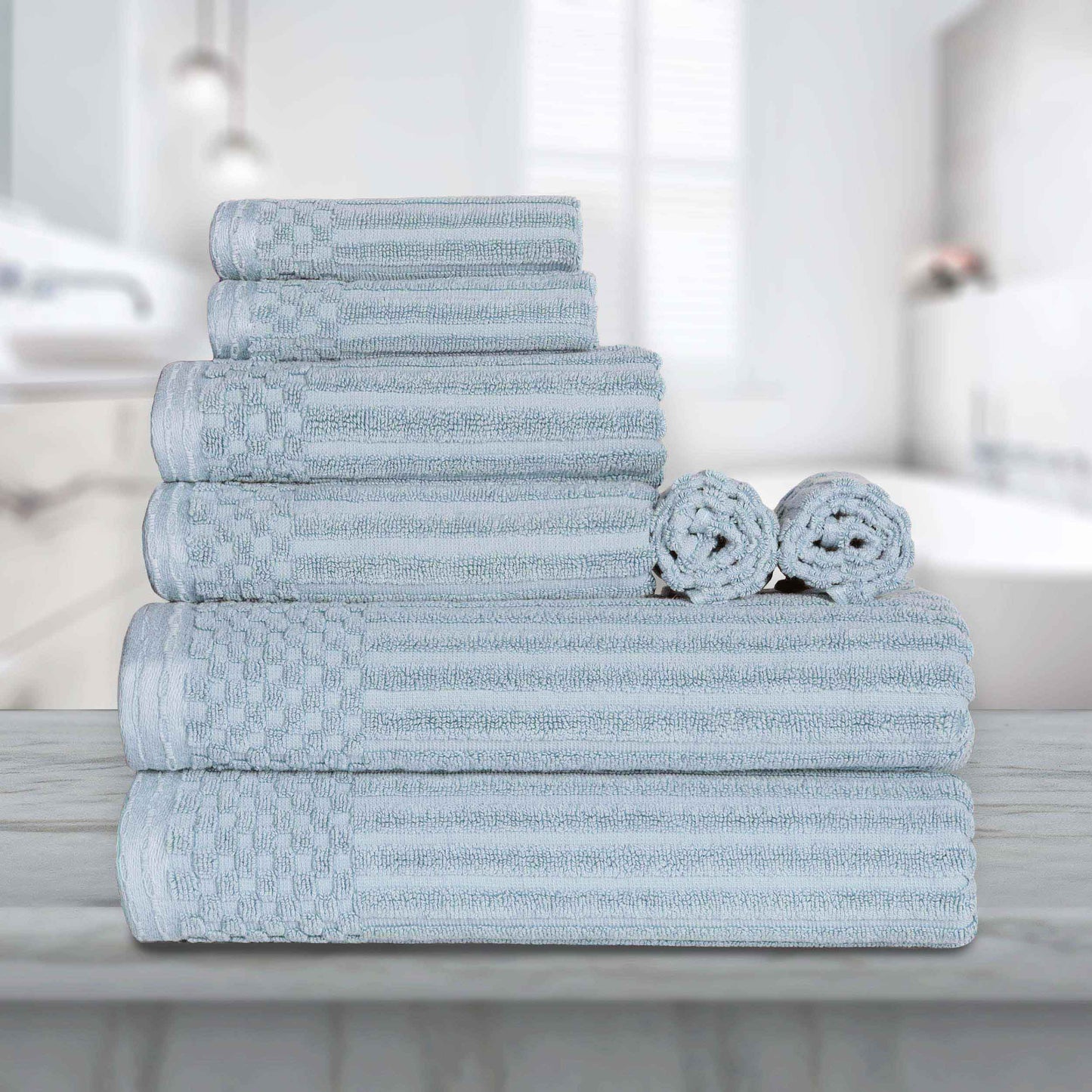 Ribbed Textured Cotton Medium Weight 8 Piece Towel Set - SlateBlue