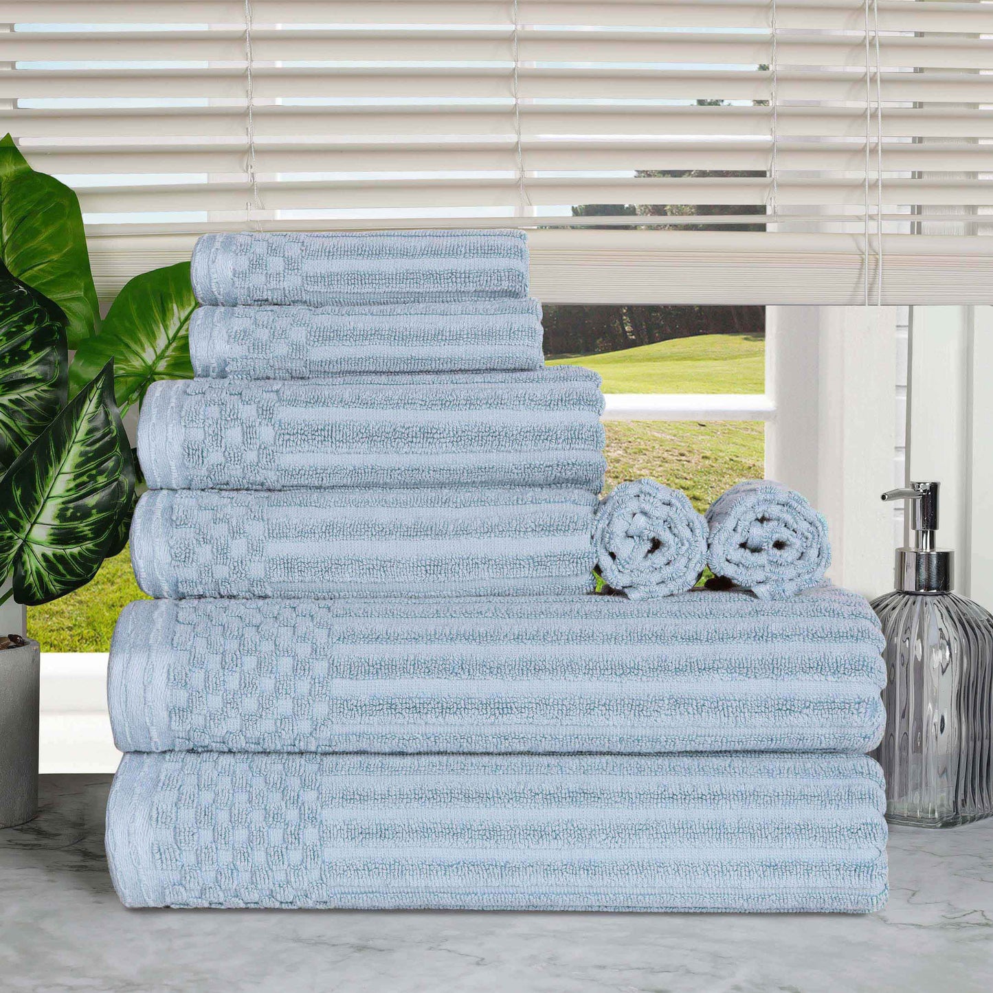 Ribbed Textured Cotton Medium Weight 8 Piece Towel Set - SlateBlue