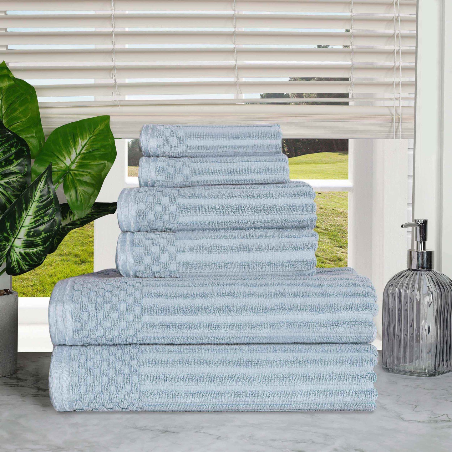 Ribbed Textured Cotton Medium Weight 6 Piece Towel Set - SlateBlue