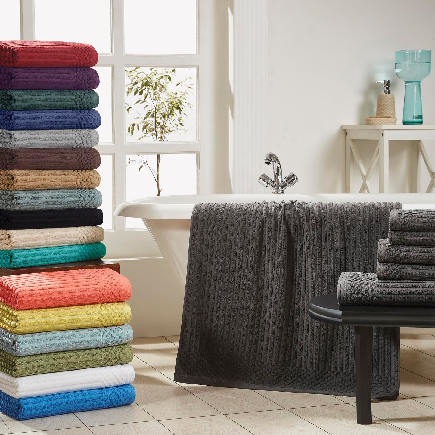 Ribbed Textured Cotton Medium Weight 6 Piece Towel Set - Burgundy