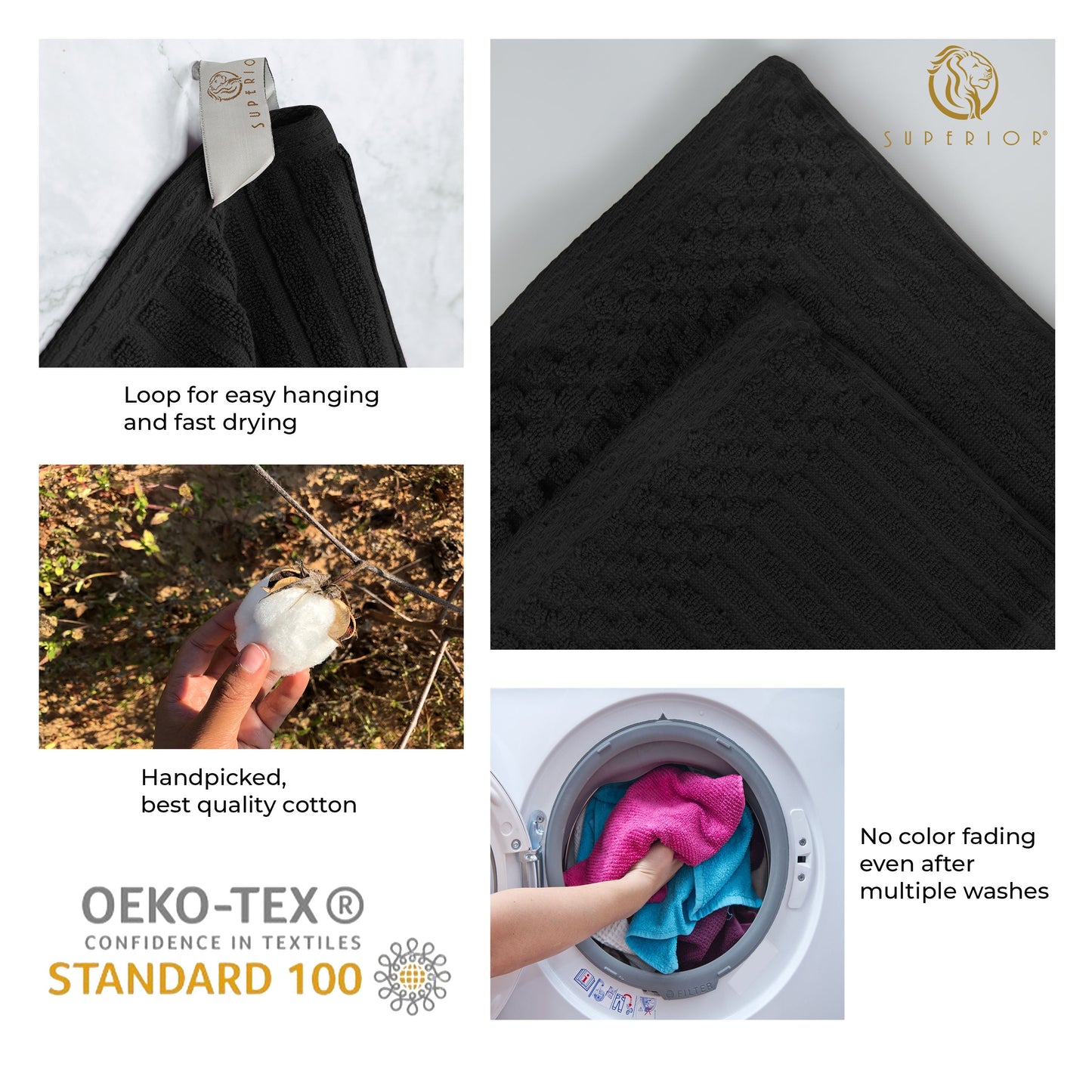 Superior Soho Ribbed Textured Cotton Ultra-Absorbent Bath Sheet & Bath Towel Set - Black