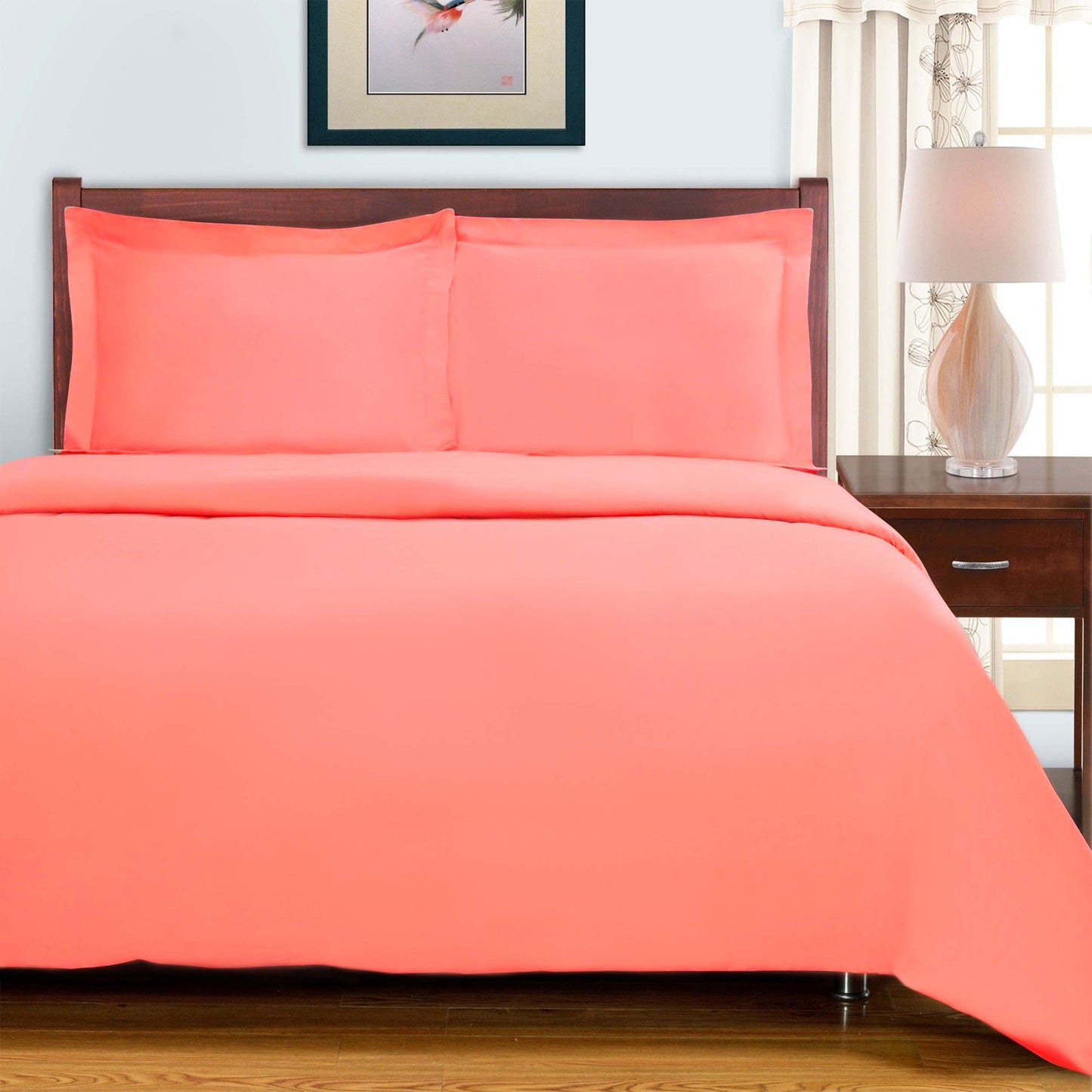 300 Thread Count Solid or Floral Cotton All-Season Duvet Cover Set - Coral