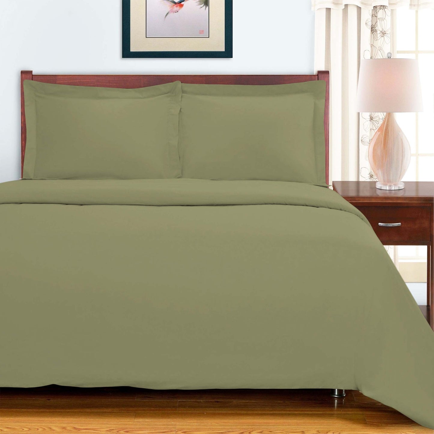 300 Thread Count Solid or Floral Cotton All-Season Duvet Cover Set - Sage